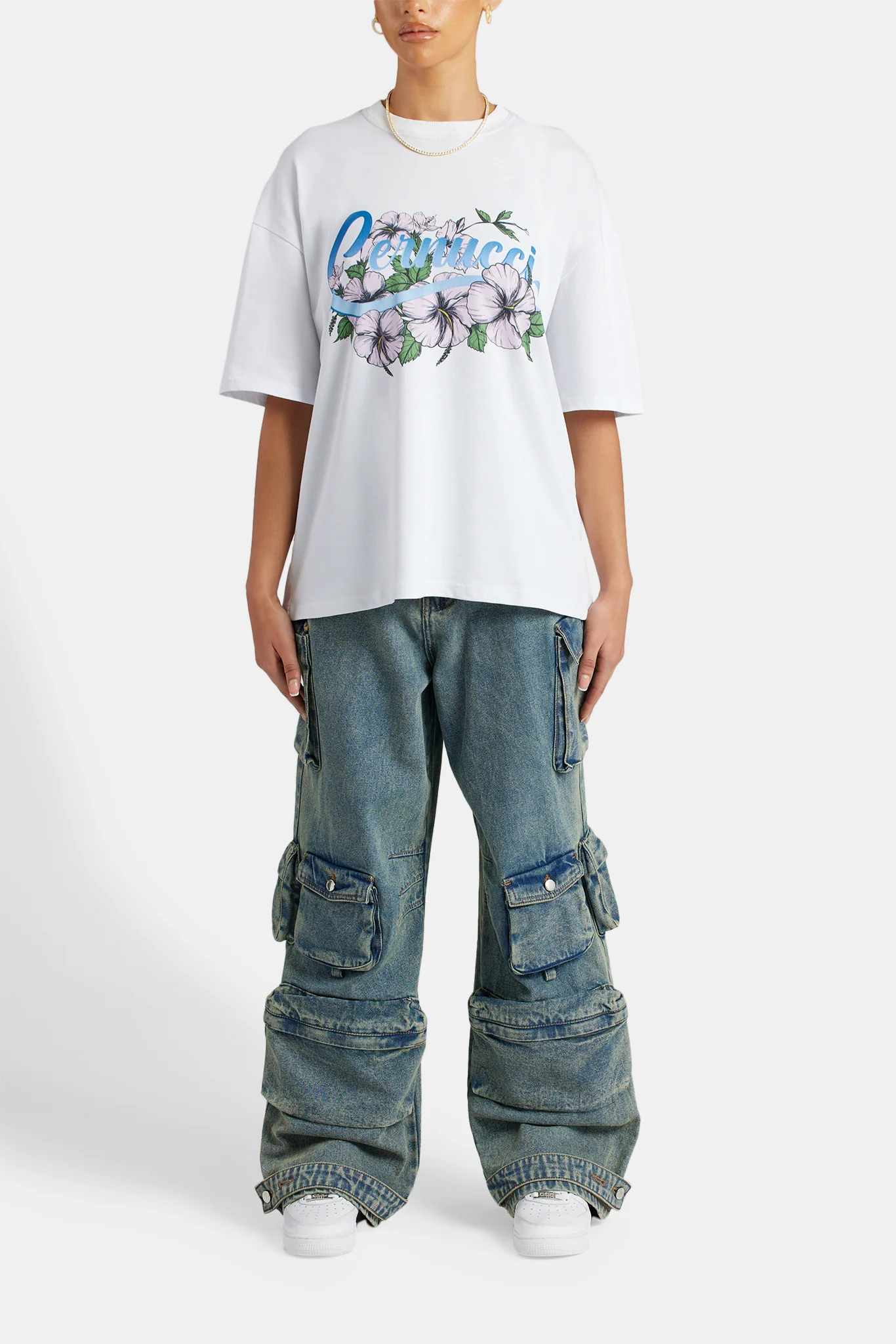 Oversized Floral Graphic T-Shirt - White - Image 3