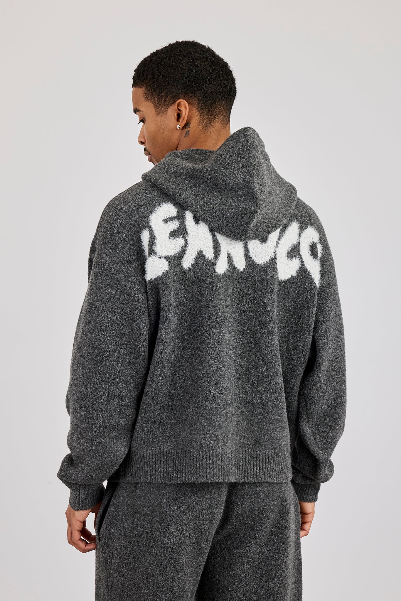 Knitted Intarsia Hoodie - Charcoal