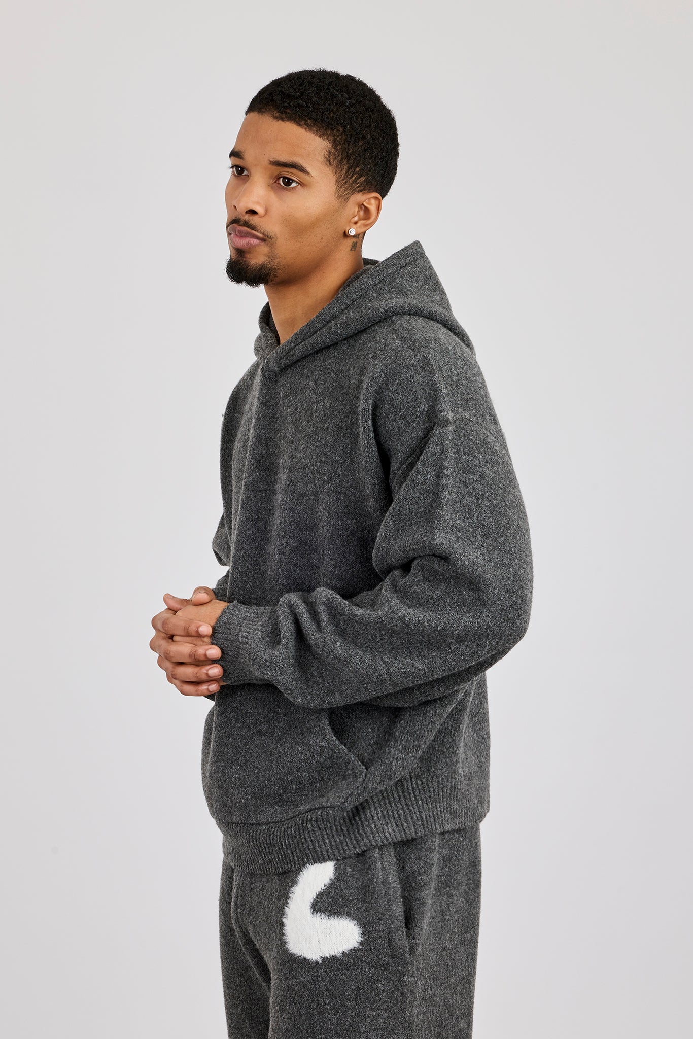Knitted Intarsia Hoodie - Charcoal - Image 2