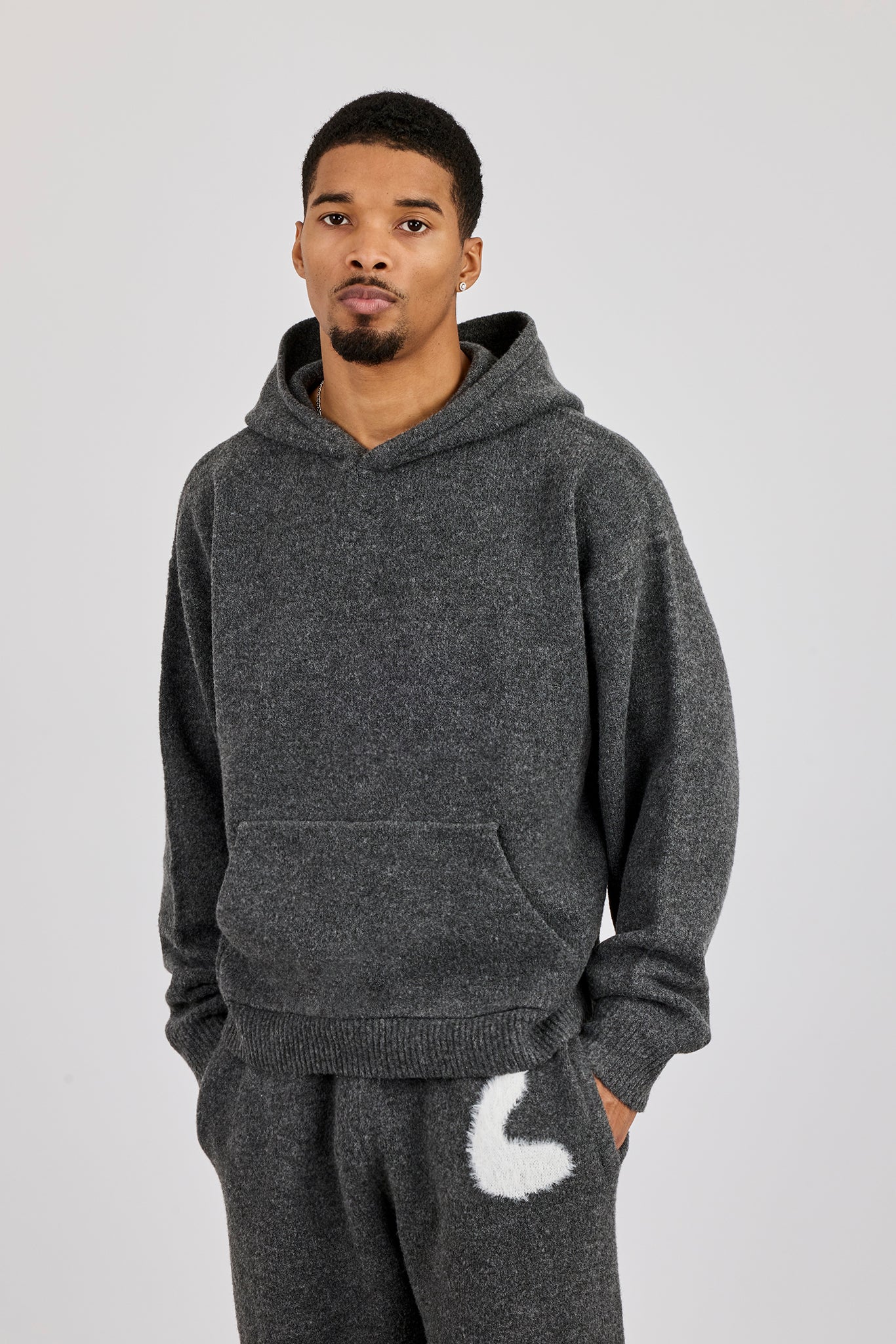 Knitted Intarsia Hoodie - Charcoal - Image 3