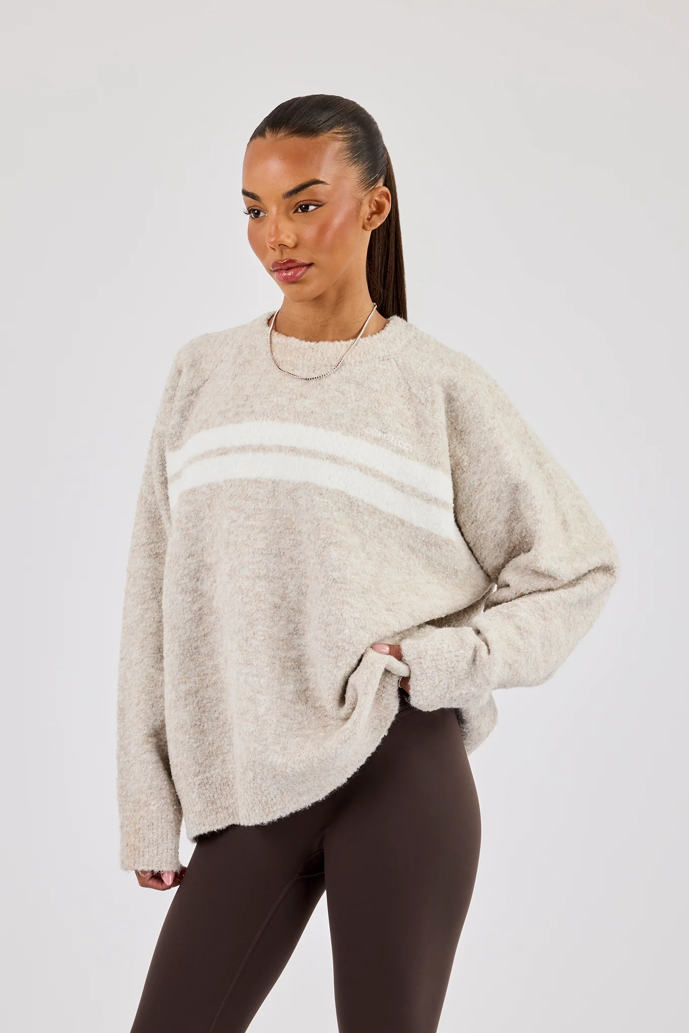 Oversized Knitted Stripe Sweater - Off White - Image 2