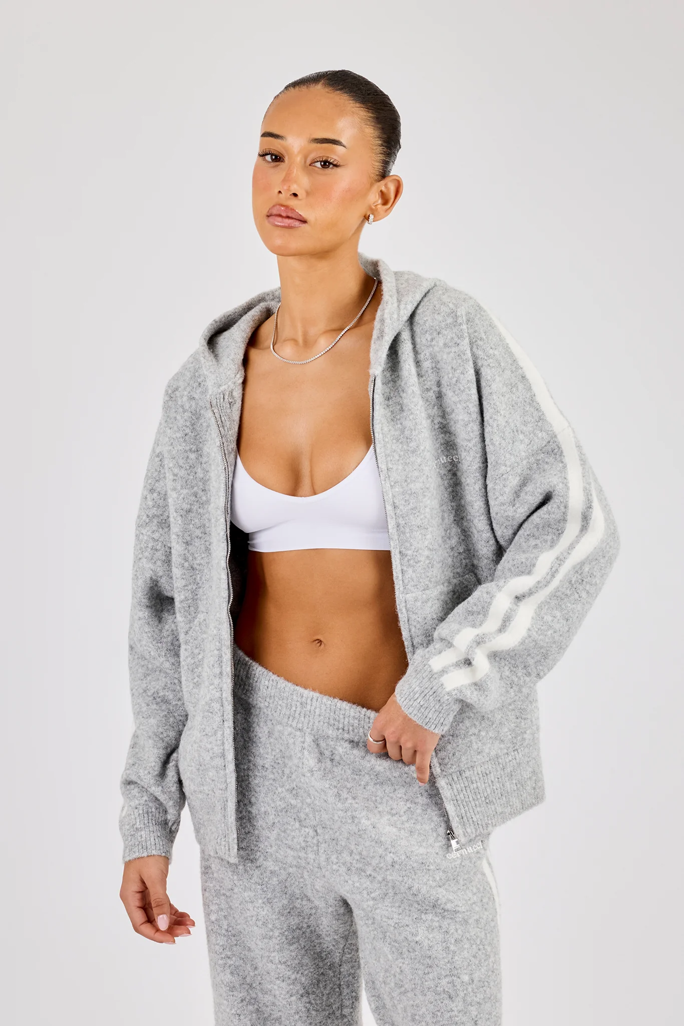 Oversized Knitted Stripe Zip Through - Grey - Image 2