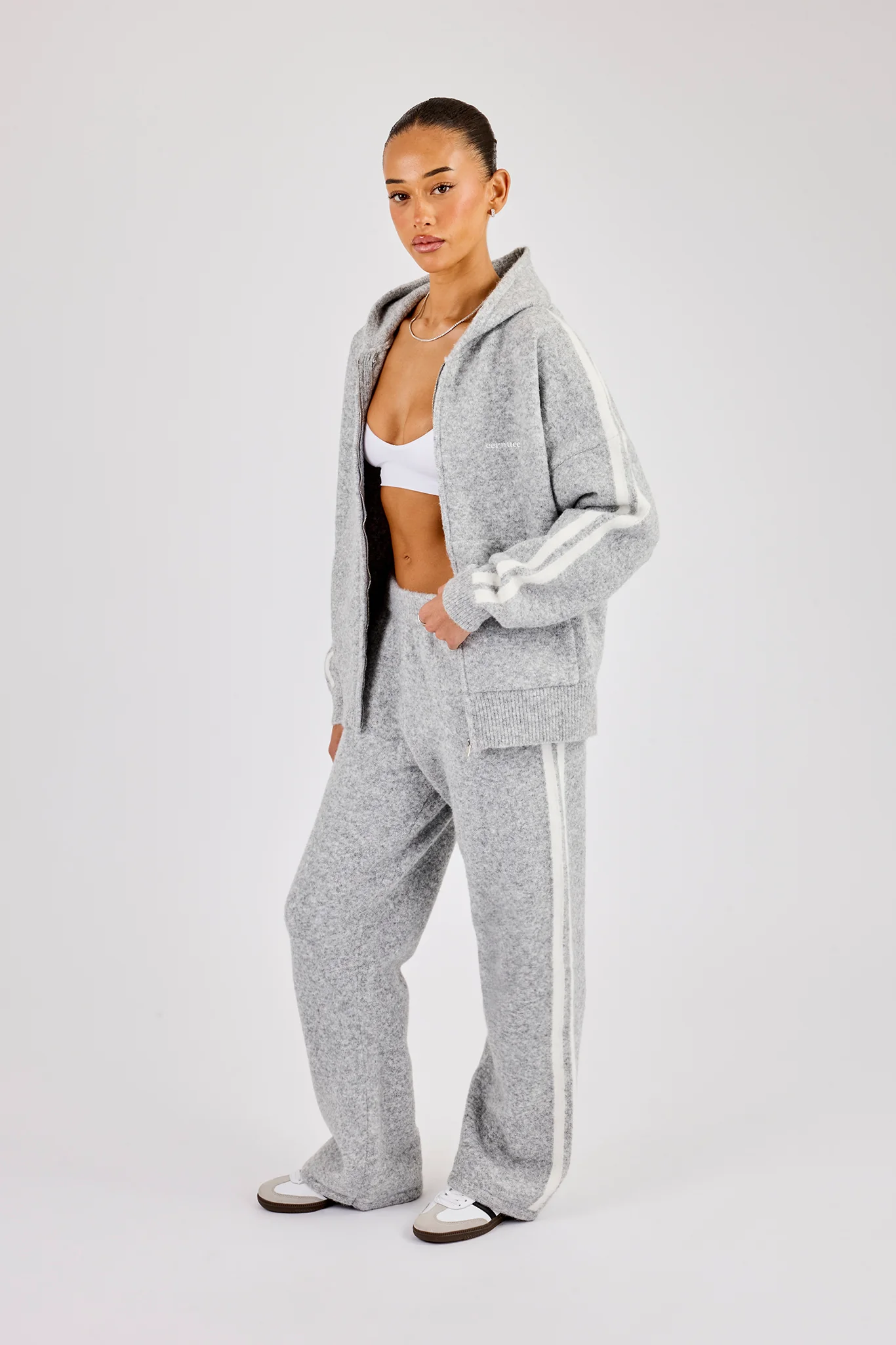 Oversized Knitted Stripe Zip Through & Wide Leg Jogger - Grey - Image 2