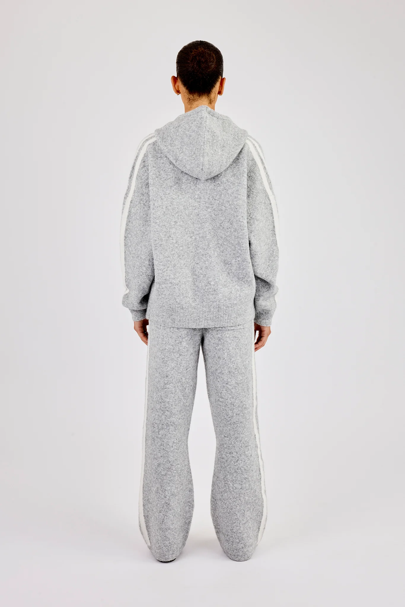Oversized Knitted Stripe Zip Through & Wide Leg Jogger - Grey - Image 4
