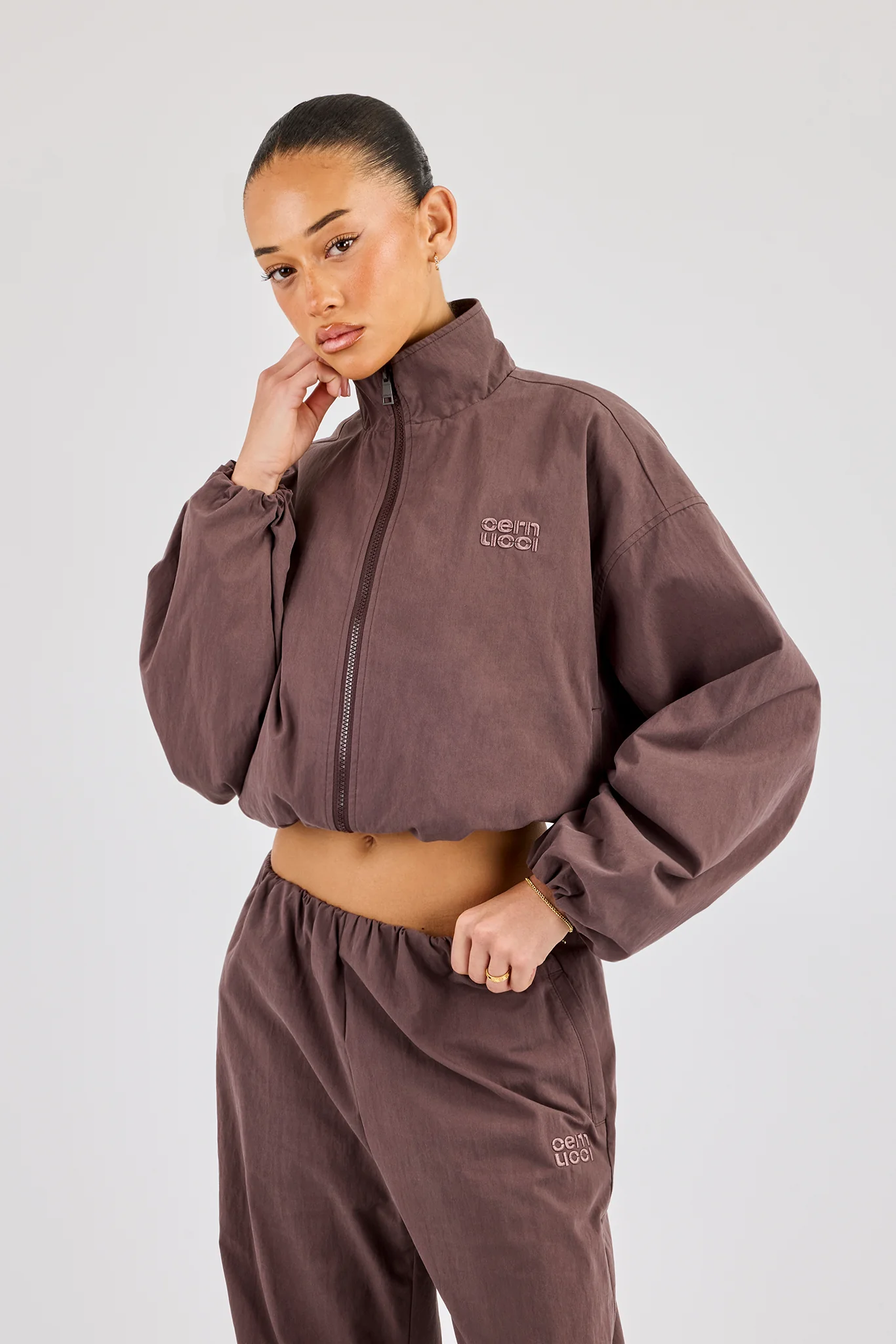 Nylon Track Jacket - Dark Brown - Image 2
