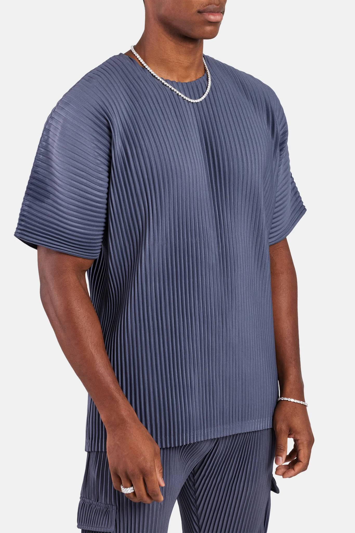 Oversized Pleated T-Shirt - Dusty Blue - Image 4