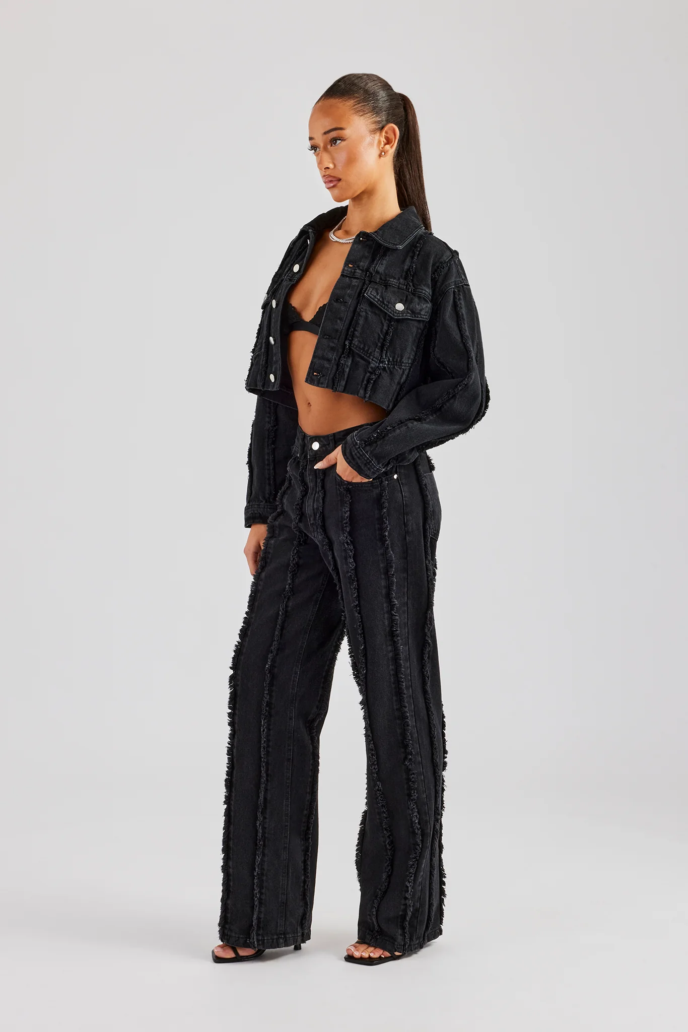 Oversized Raw Edge Cropped Denim Jacket & Relaxed Jean - Washed Black - Image 2