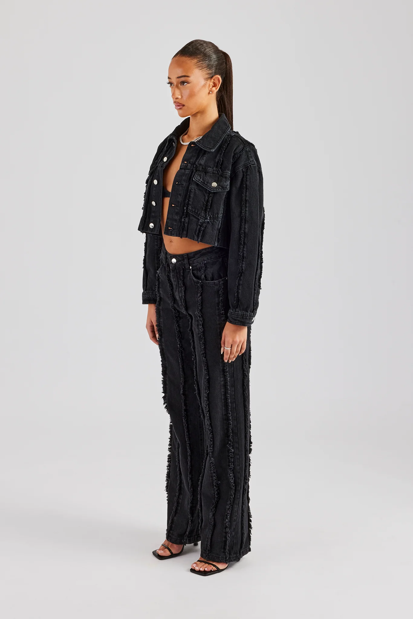 Oversized Raw Edge Cropped Denim Jacket & Relaxed Jean - Washed Black - Image 4