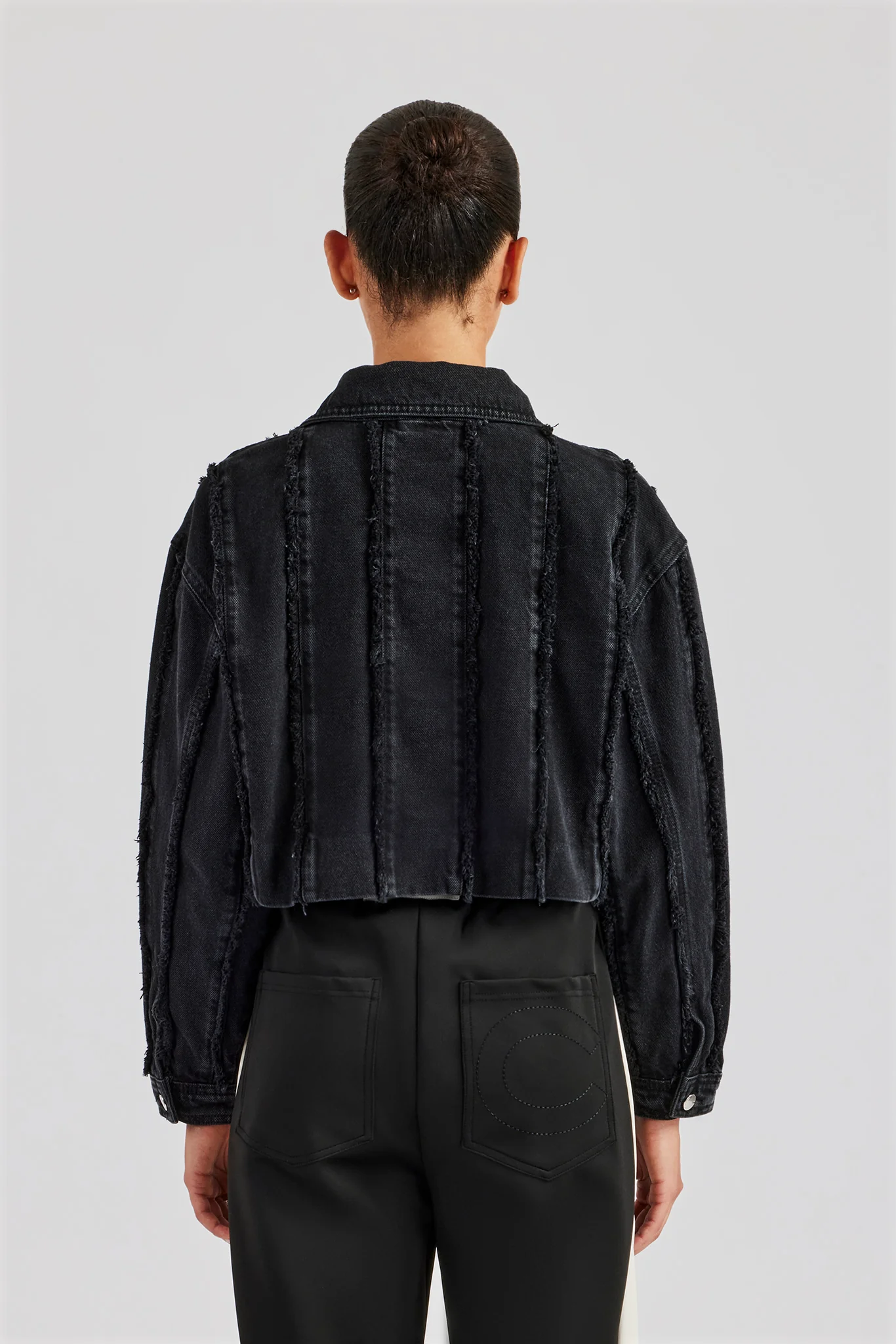 Oversized Raw Edge Cropped Denim Jacket - Washed Black - Image 3