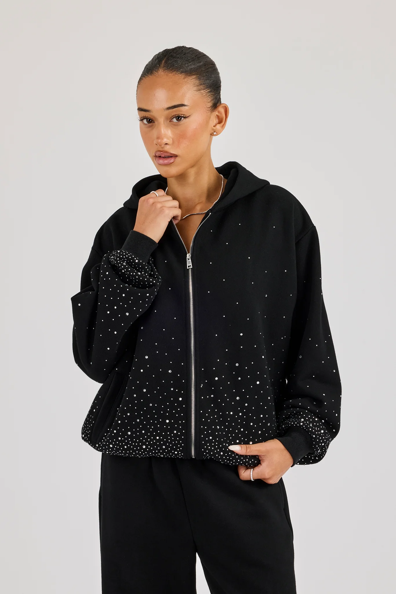 Oversized Rhinestone Zip Hoodie - Black - Image 2