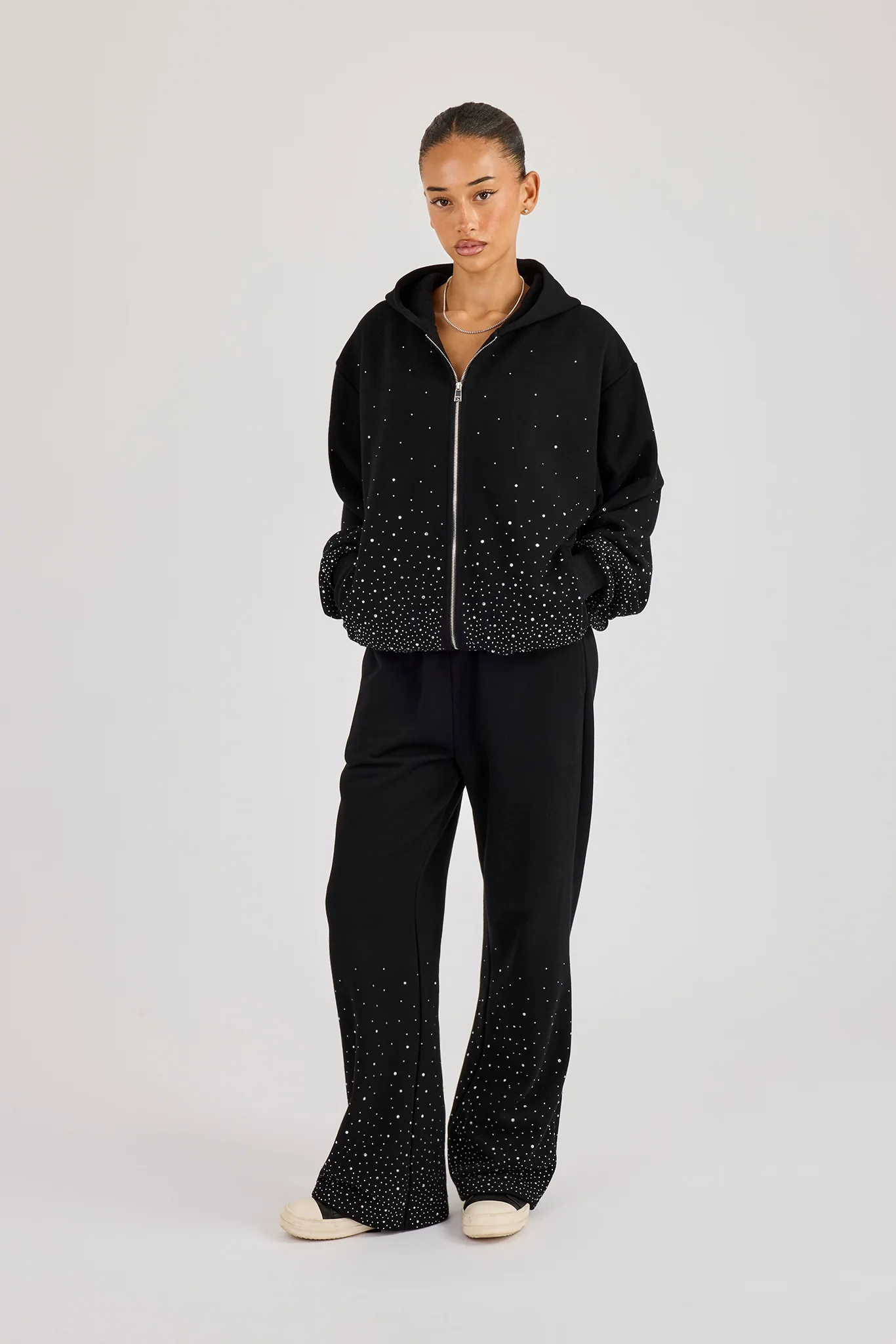 Oversized Rhinestone Zip Hoodie - Black - Image 3