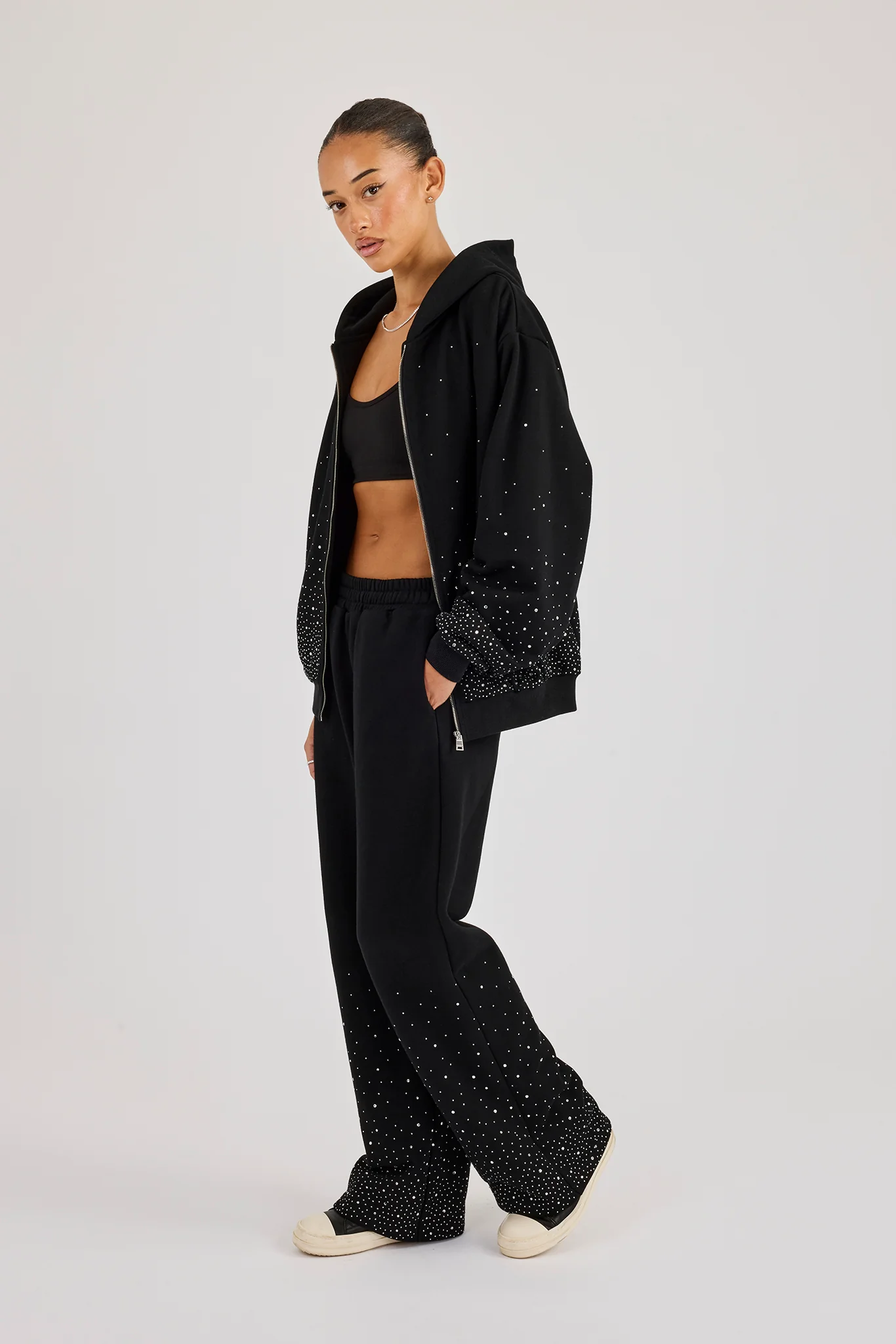 Oversized Rhinestone Zip Hoodie & Wide Leg Jogger - Black - Image 2