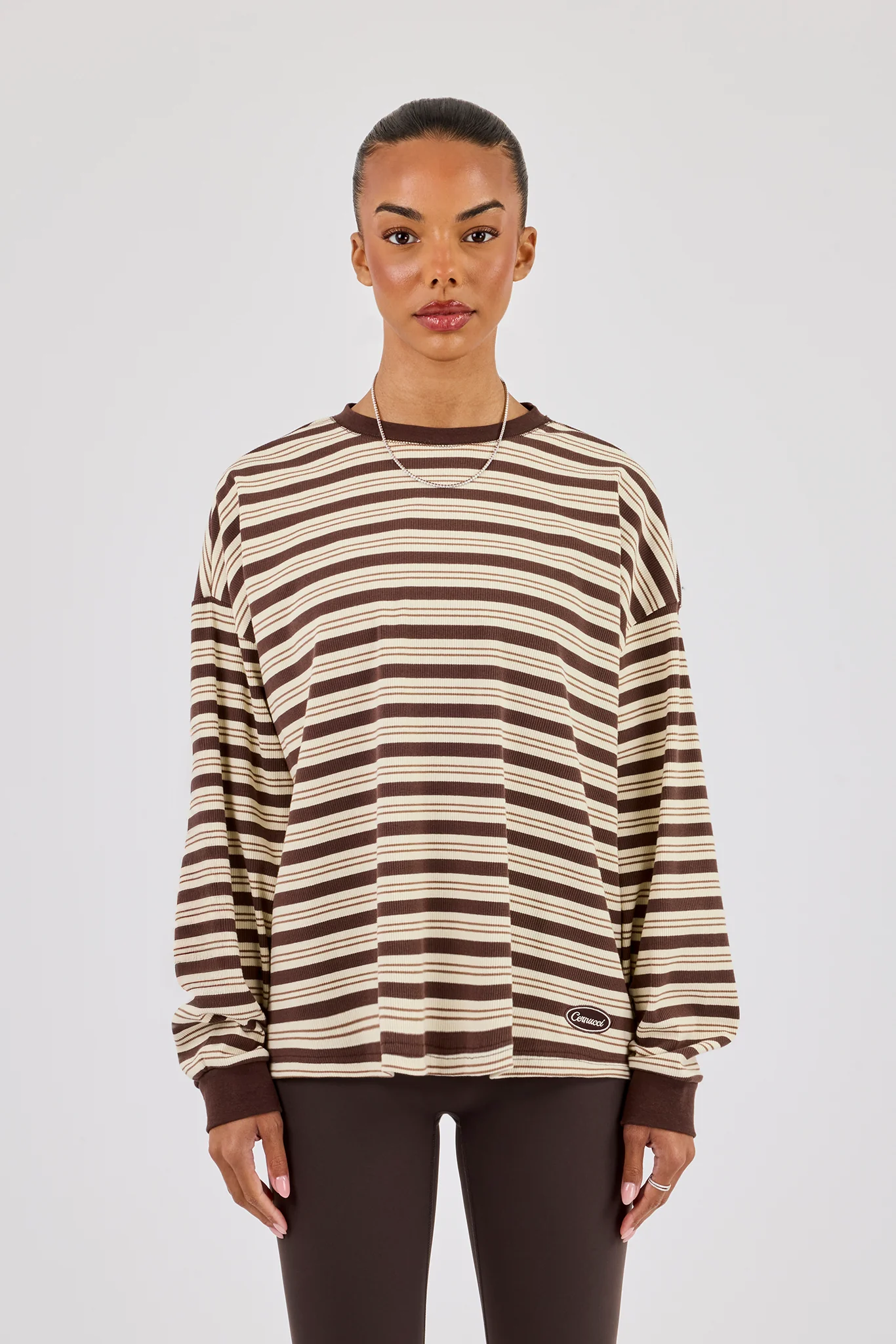 Oversized Stripe Long Sleeve Top - Brown - Image 4