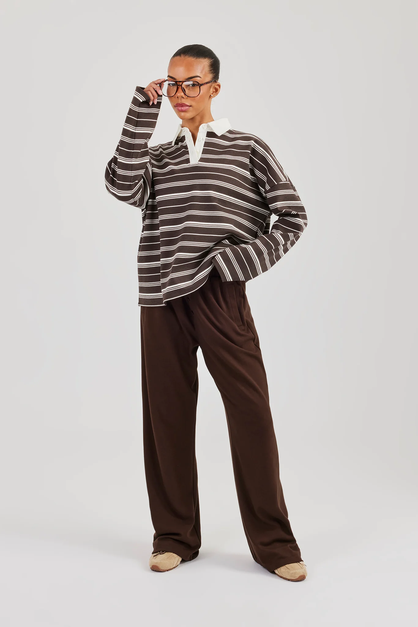 Oversized Stripe Long Sleeve Top - Chocolate - Image 2