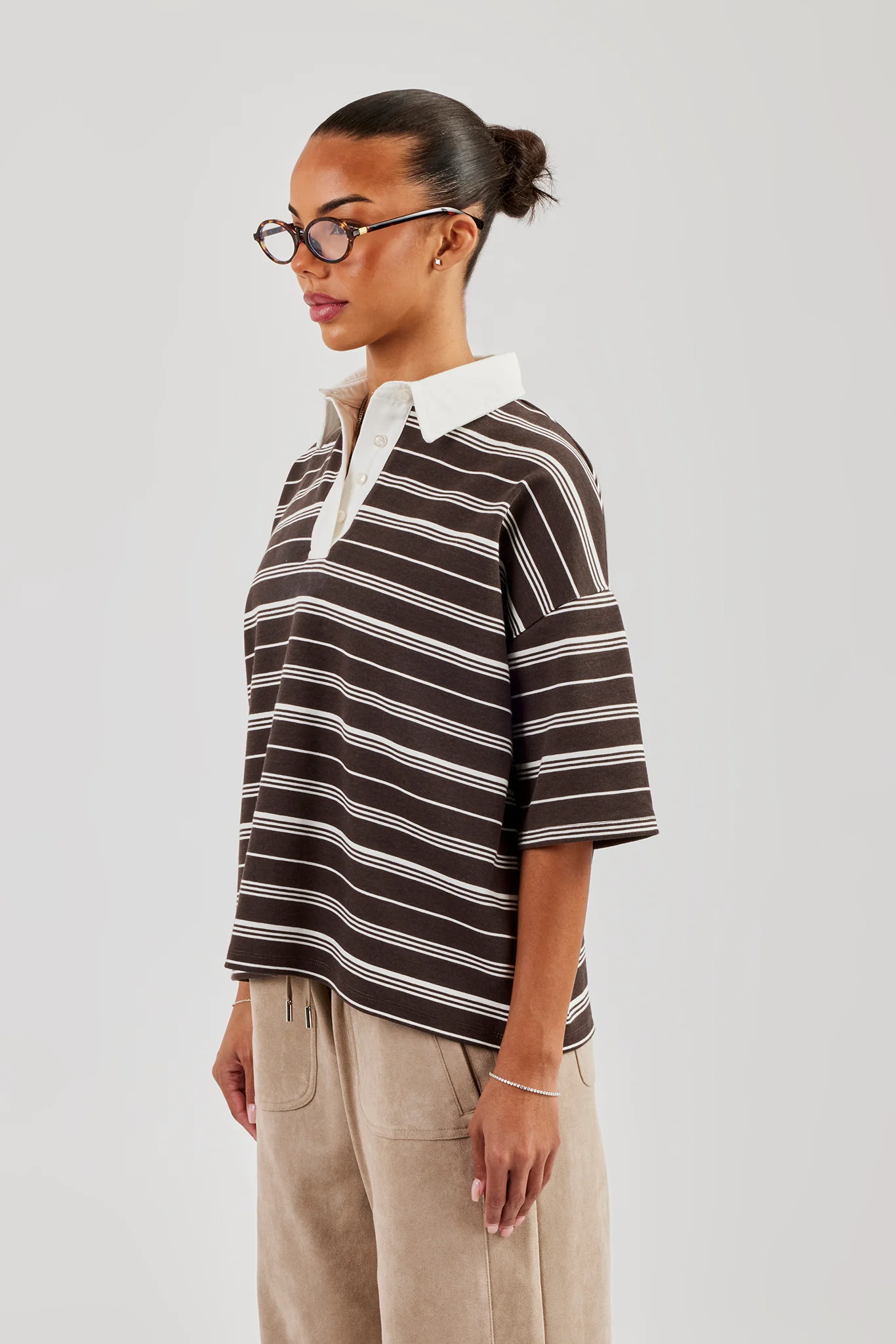 Oversized Stripe Short Sleeve Top - Chocolate - Image 2