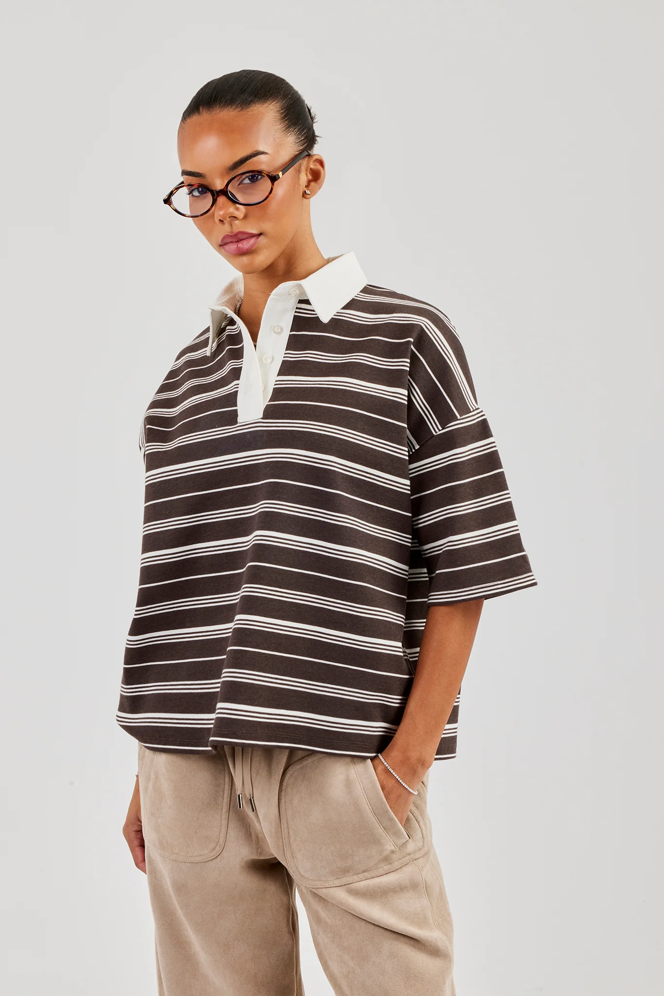 Oversized Stripe Short Sleeve Top - Chocolate - Image 4