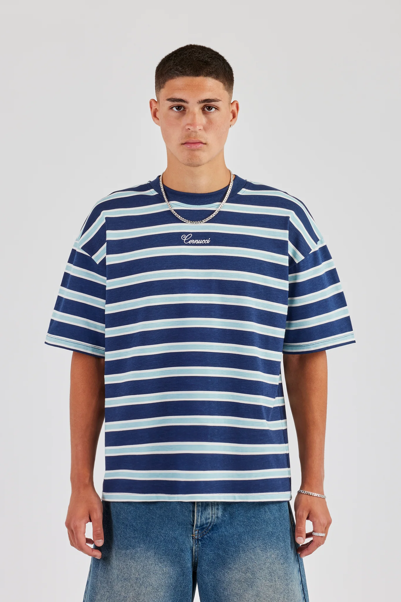 Oversized Stripe T-Shirt - Navy - Image 2