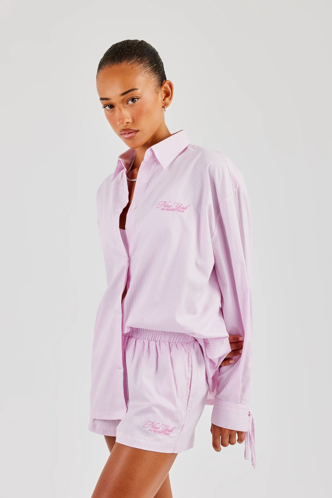 Oversized Stripe Tie Sleeve Shirt & Button Detail Short - Pink - Image 2