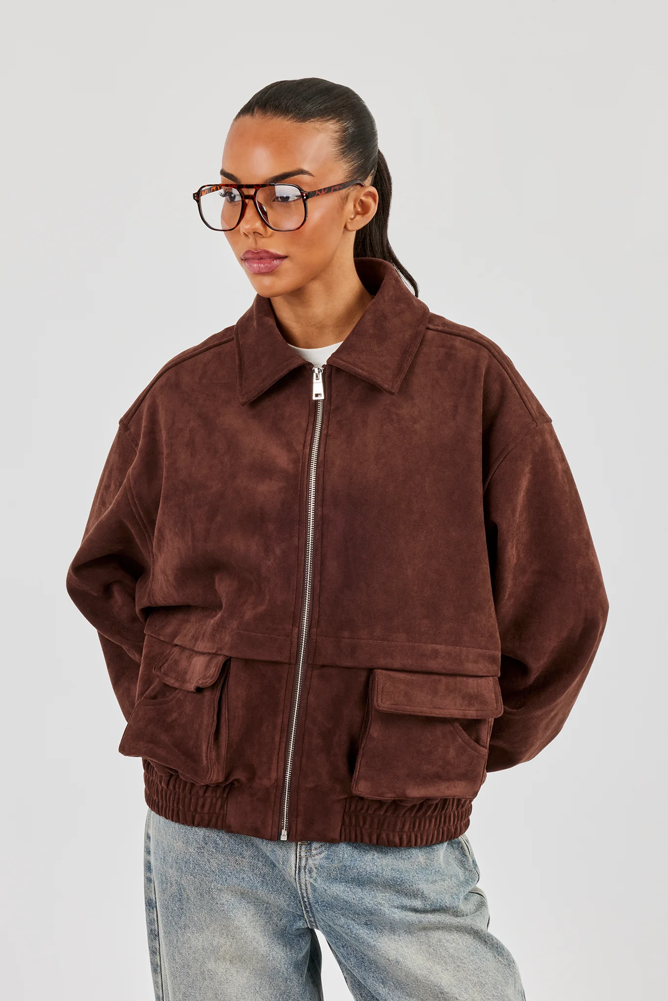 Oversized Suede Jacket - Brown - Image 3