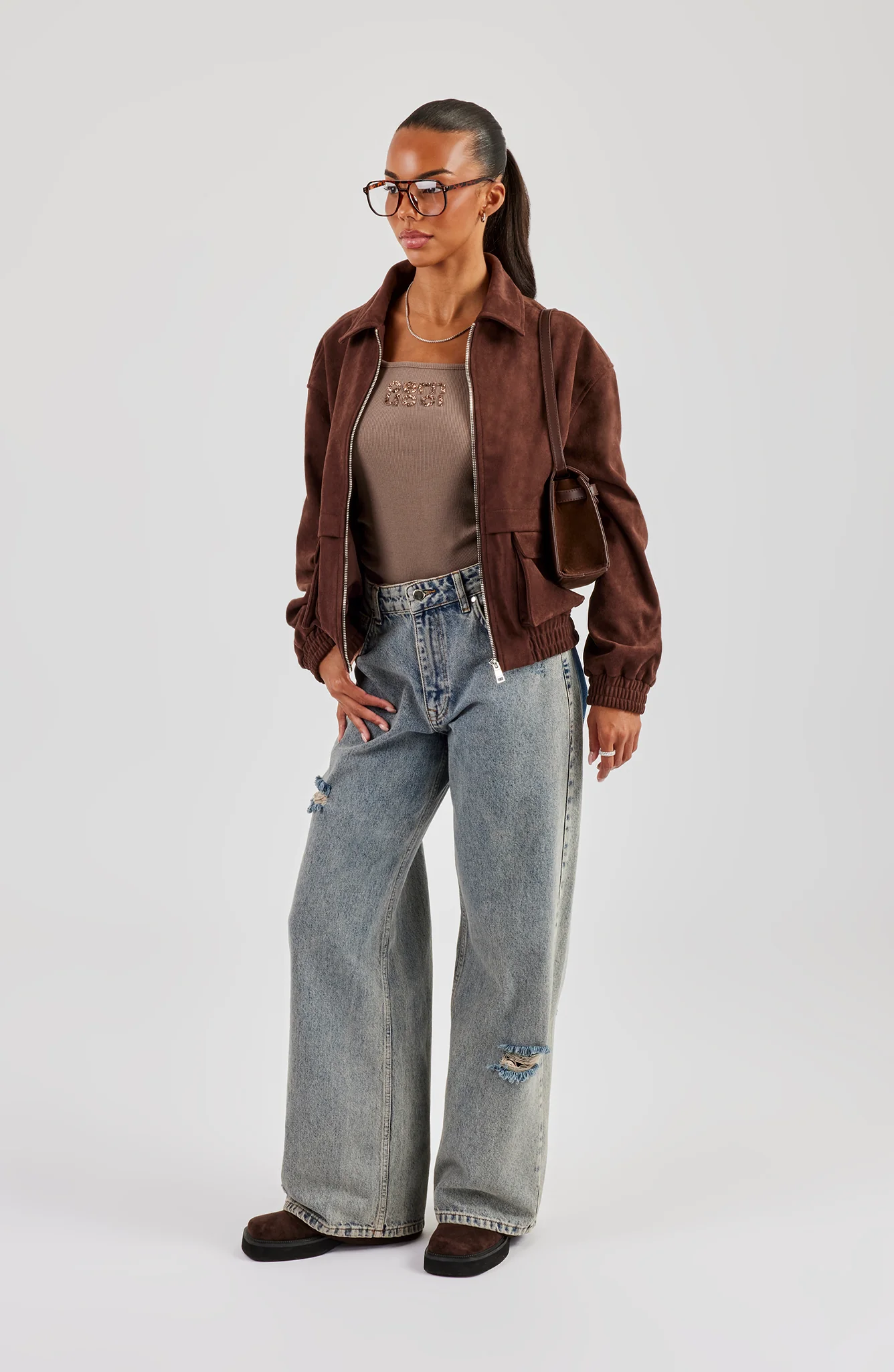 Oversized Suede Jacket - Brown - Image 5