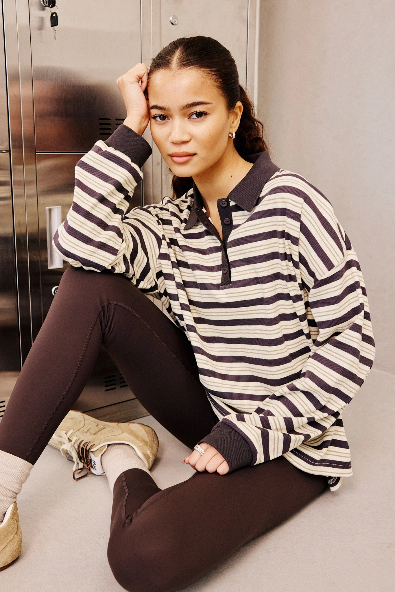 Oversized Textured Stripe Polo Top - Grey - Image 2