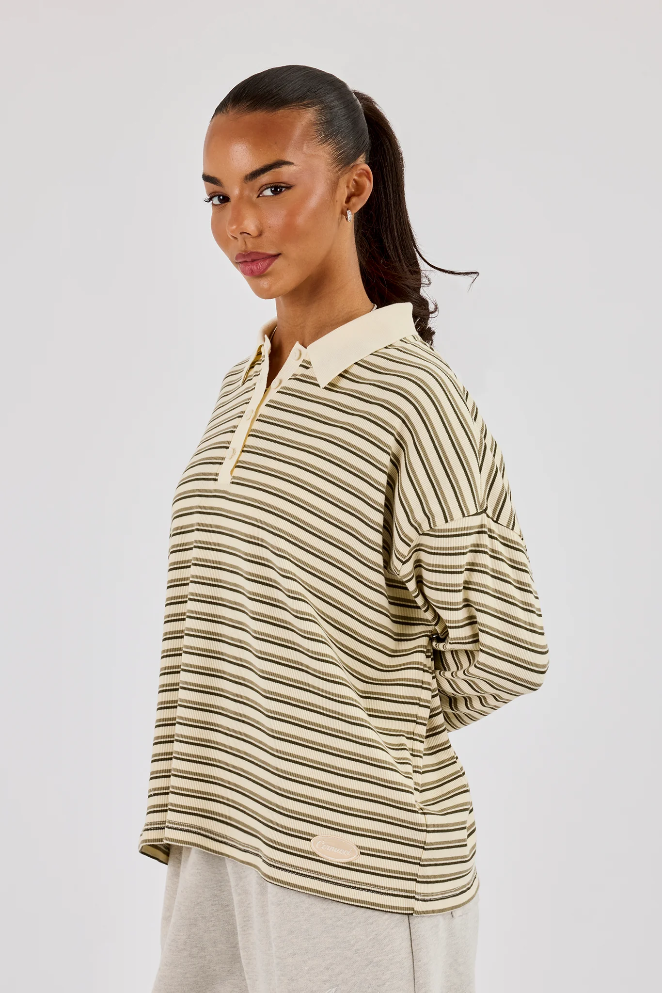 Oversized Textured Stripe Polo Top - Khaki - Image 2