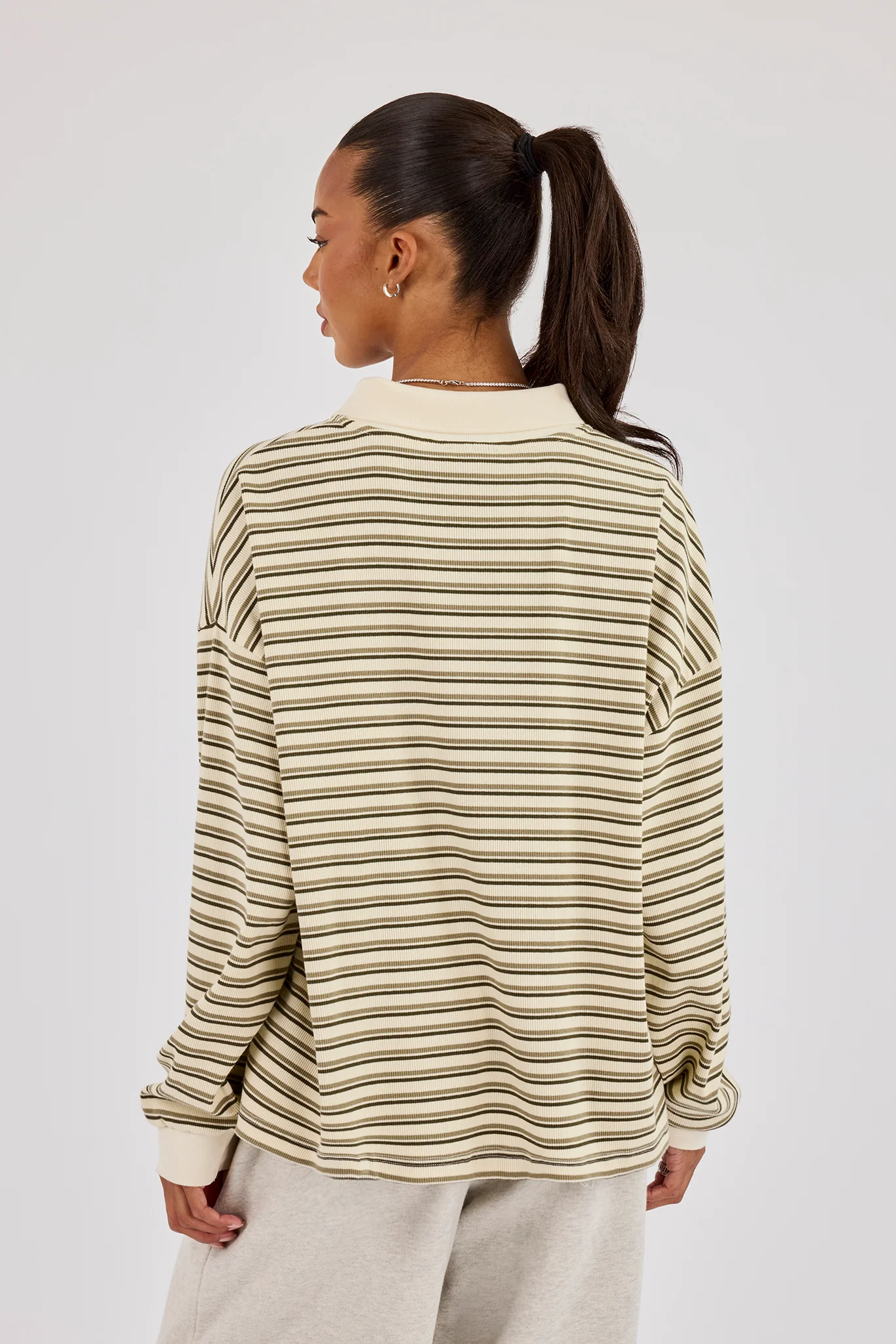 Oversized Textured Stripe Polo Top - Khaki - Image 3