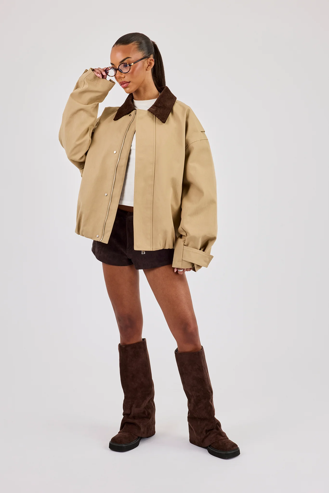 Oversized Twill Harrington Jacket - Beige - Image 2