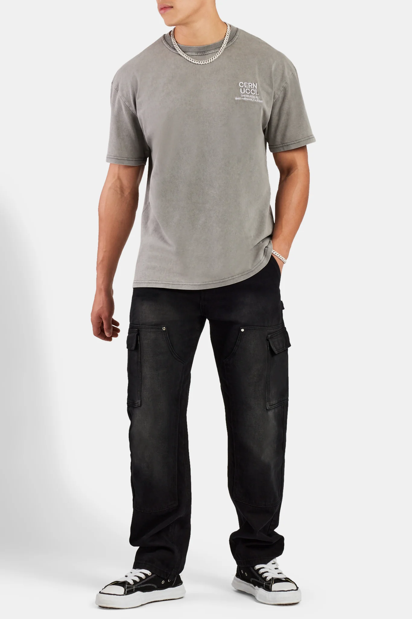 Oversized Washed Cernucci Text T-Shirt - Grey - Image 2
