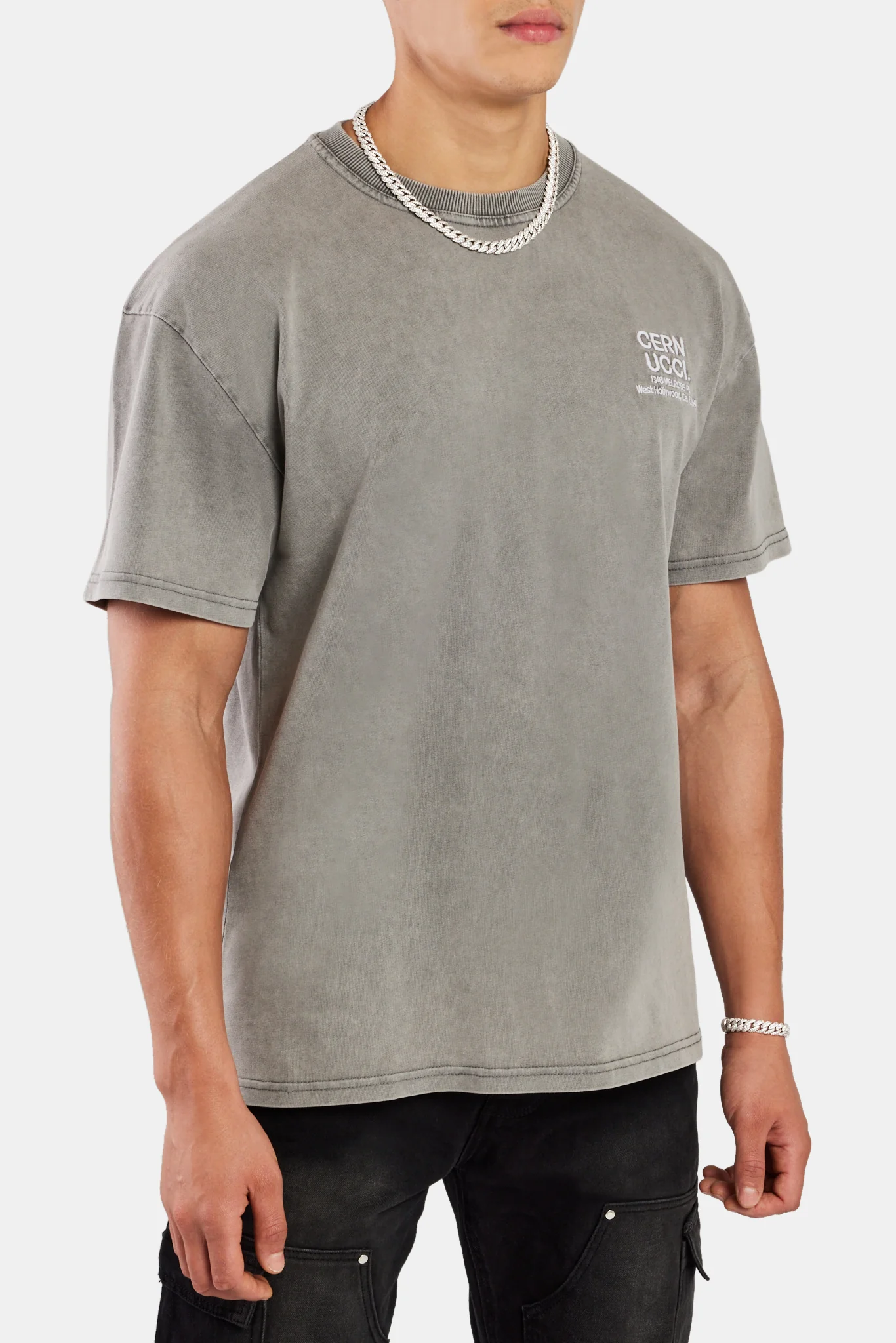 Oversized Washed Cernucci Text T-Shirt - Grey - Image 4