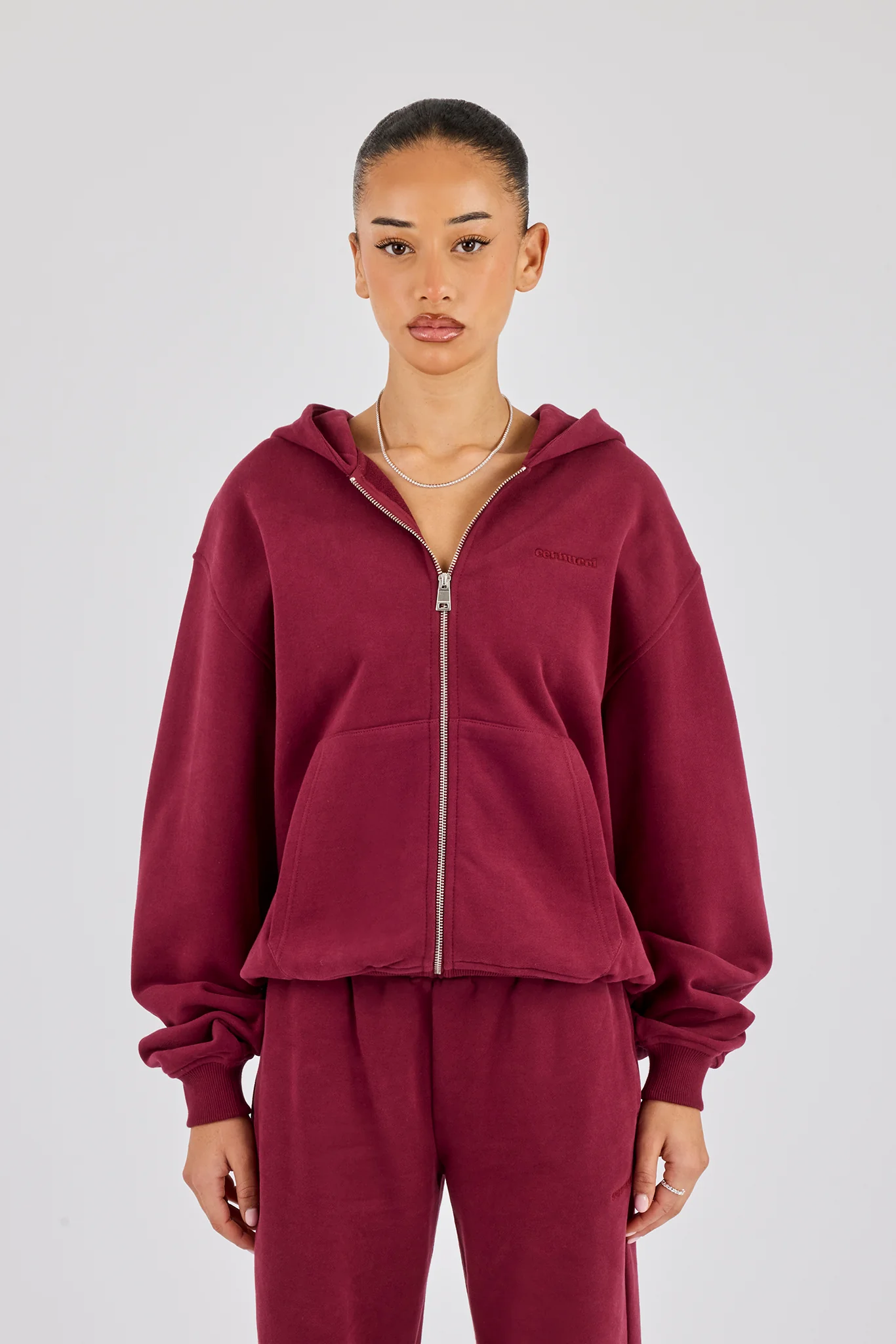 Oversized Zip Through Hoodie - Burgundy - Image 4