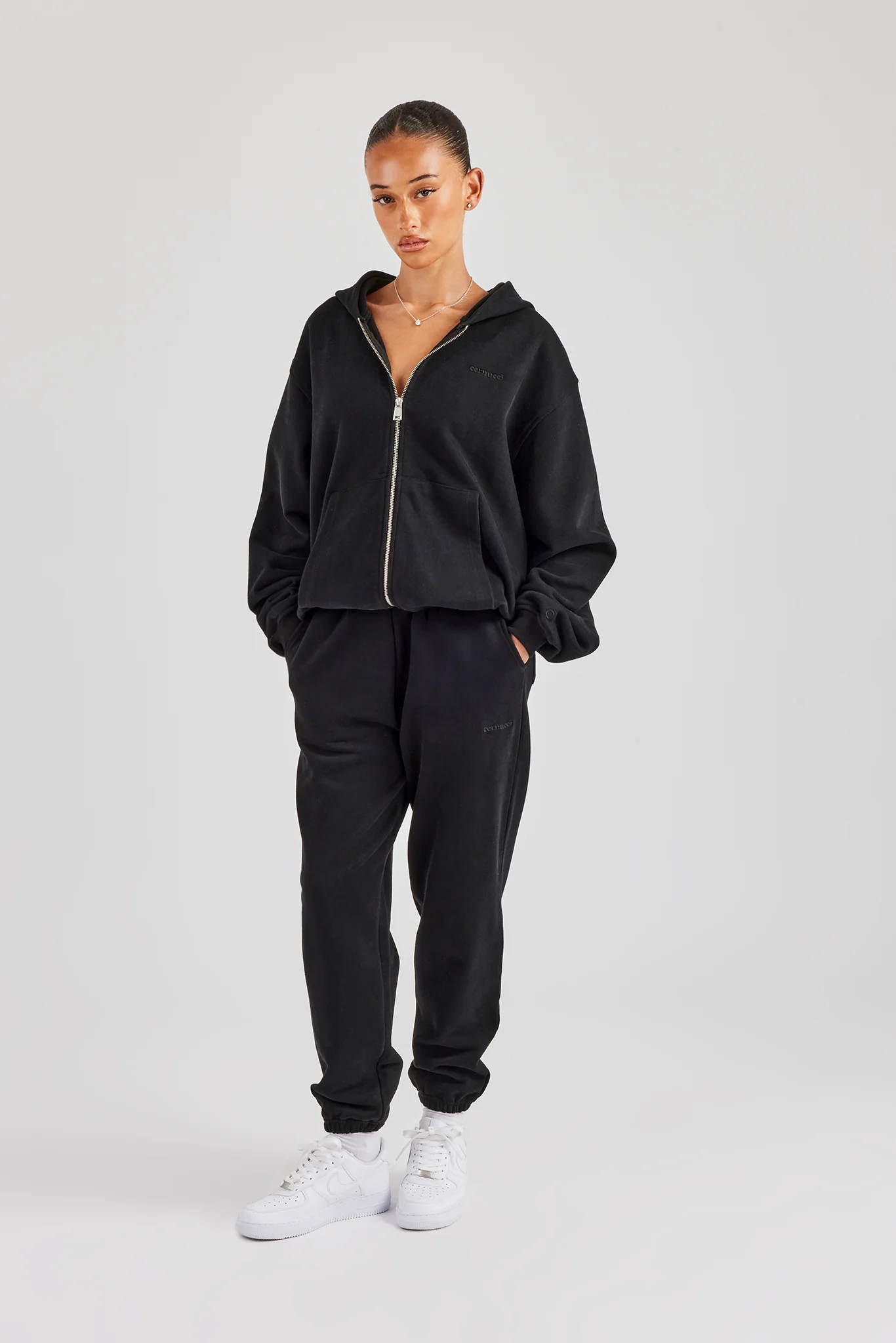 Oversized Zip Through Hoodie & Cuffed Joggers - Black - Image 4