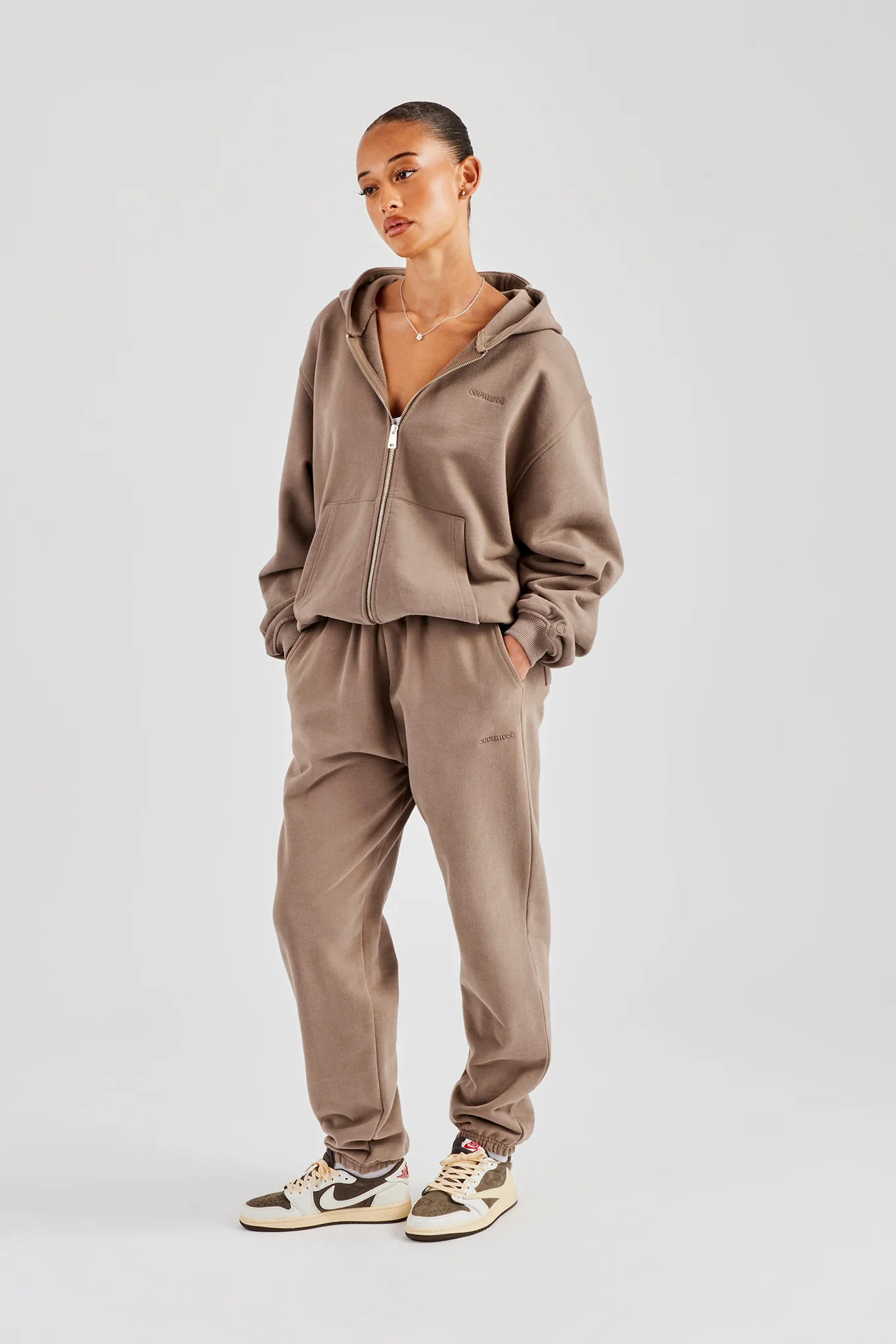 Oversized Zip Through Hoodie & Cuffed Joggers - Taupe - Image 4