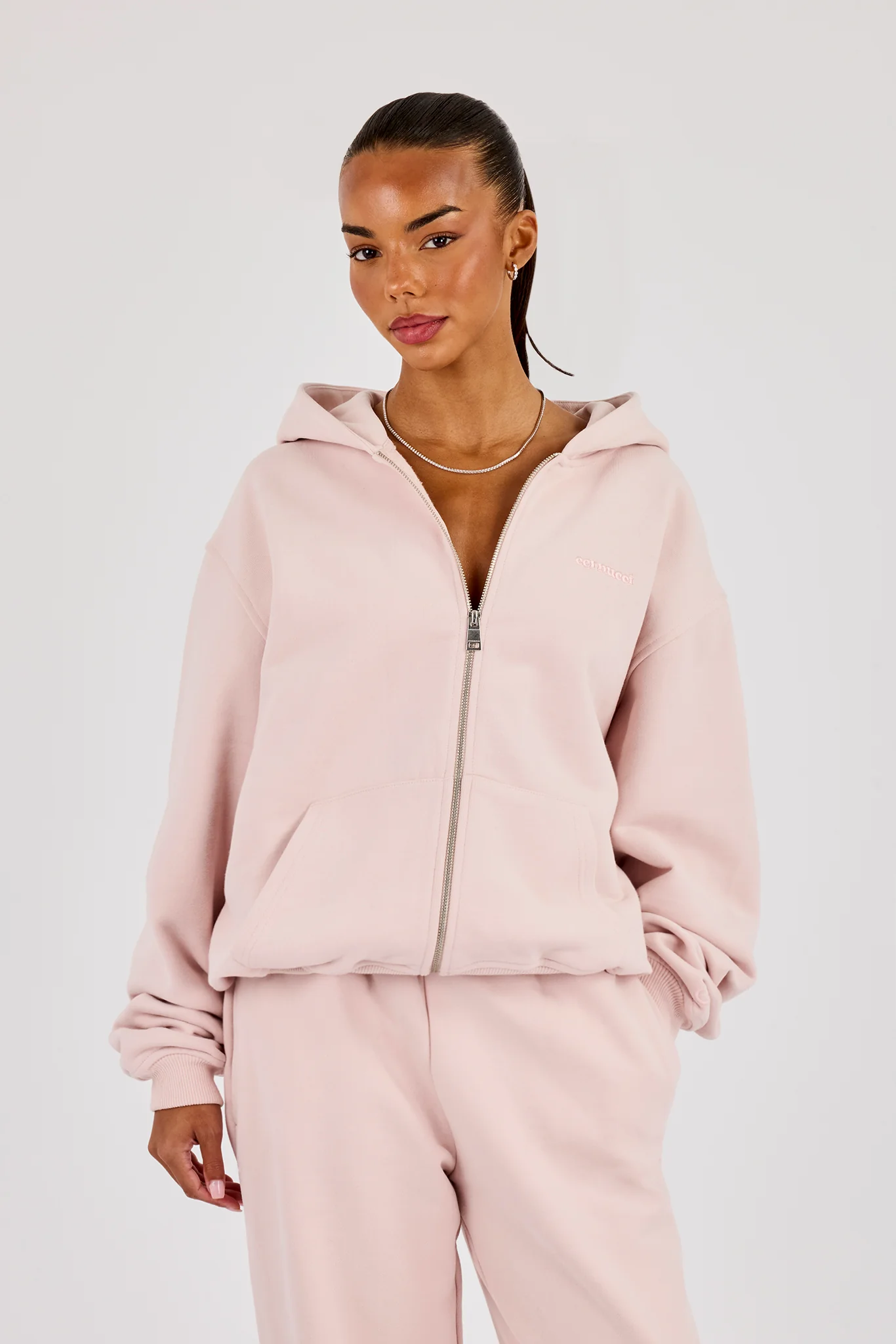 Oversized Zip Through Hoodie - Dusty Pink - Image 3