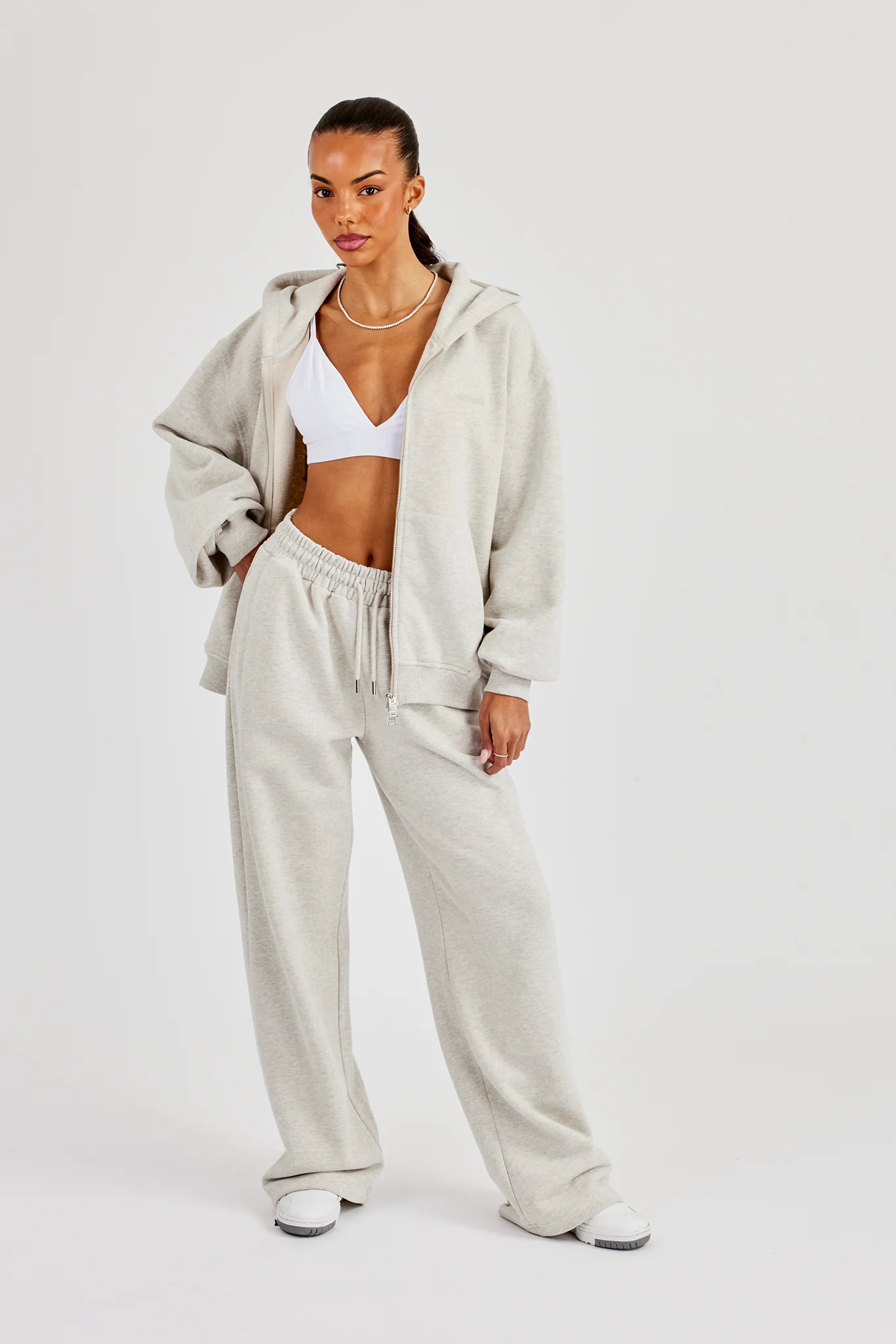 Oversized Zip Through Hoodie & Embroidered Wide Leg Jogger - Ash Grey - Image 3