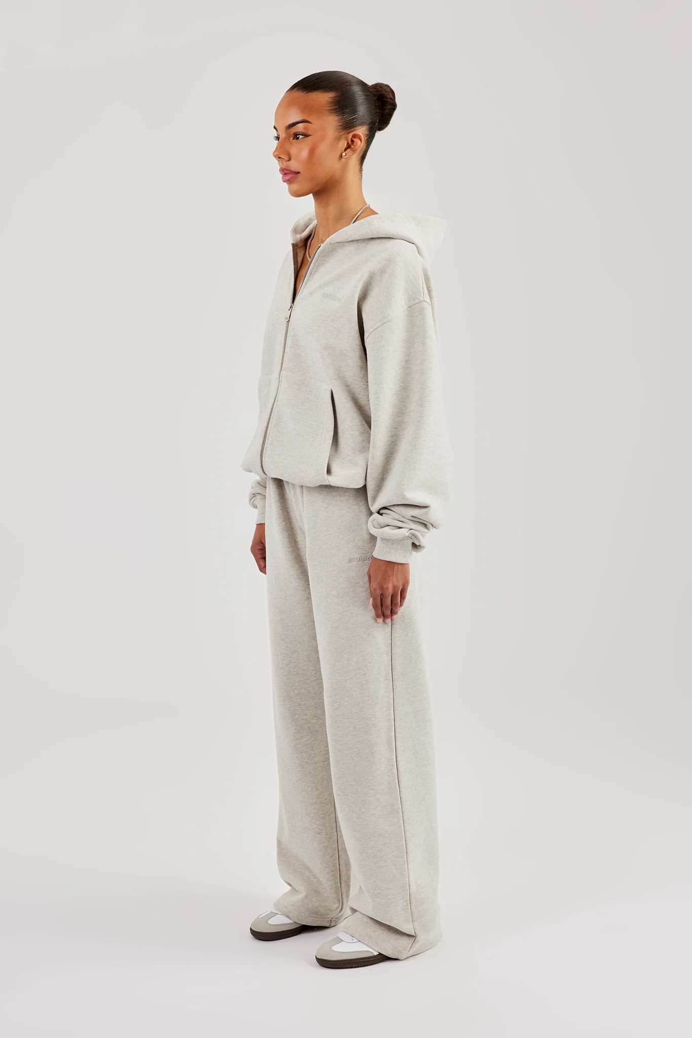 Oversized Zip Through Hoodie & Embroidered Wide Leg Jogger - Ash Grey - Image 4