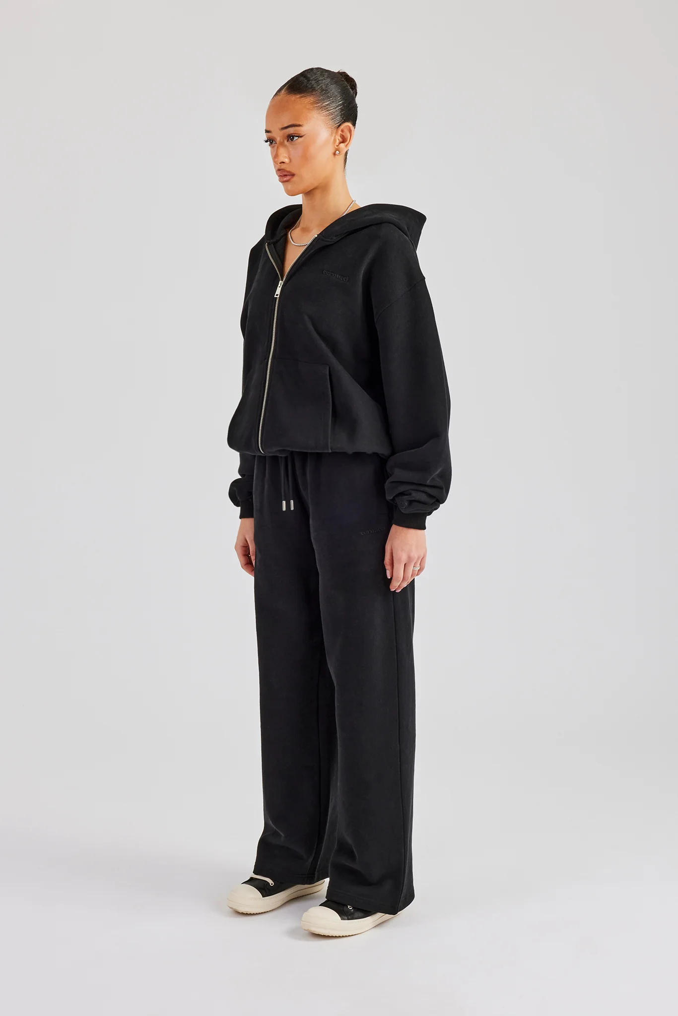 Oversized Zip Through Hoodie & Embroidered Wide Leg Jogger - Black - Image 2