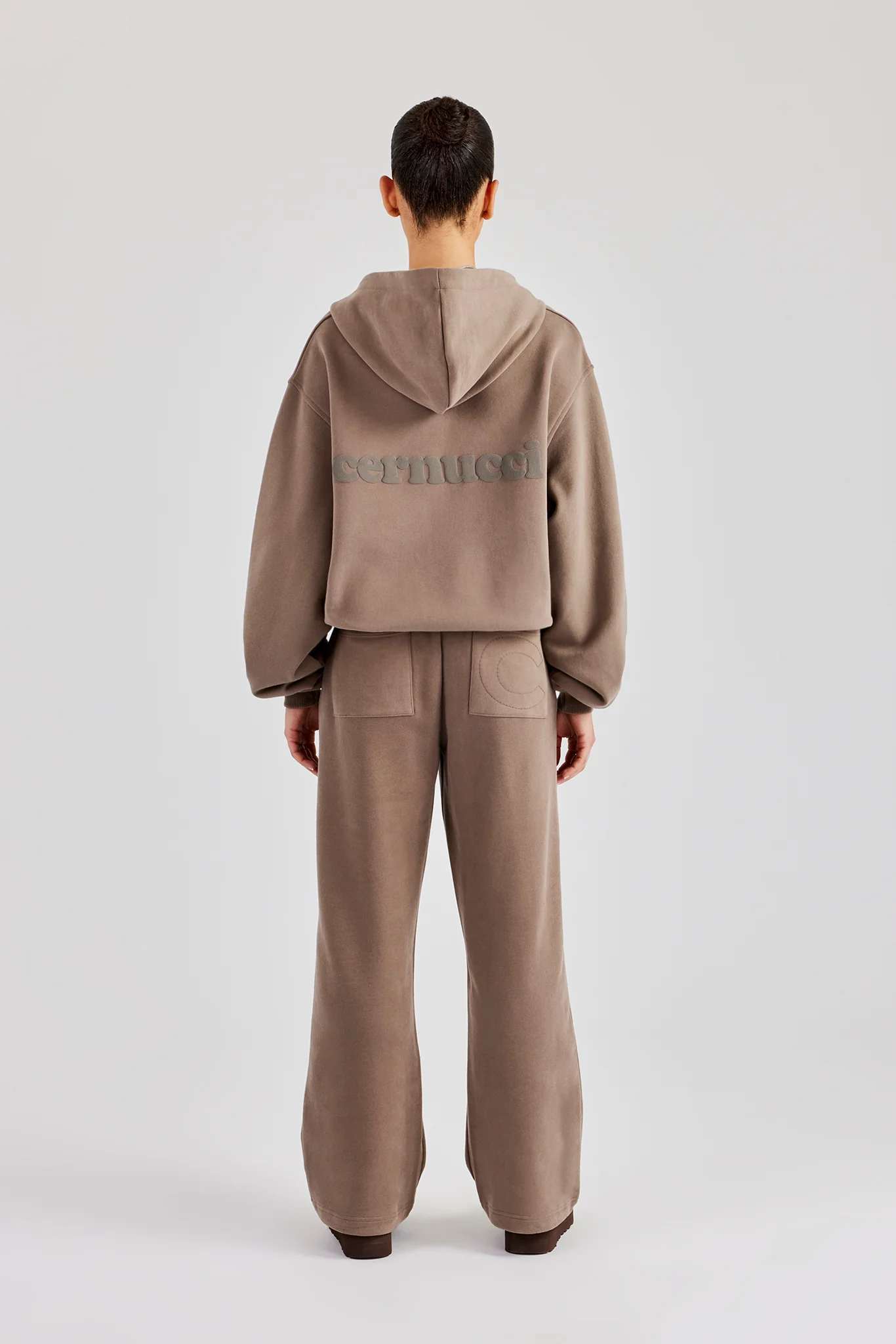Oversized Zip Through Hoodie & Embroidered Wide Leg Jogger - Taupe - Image 3