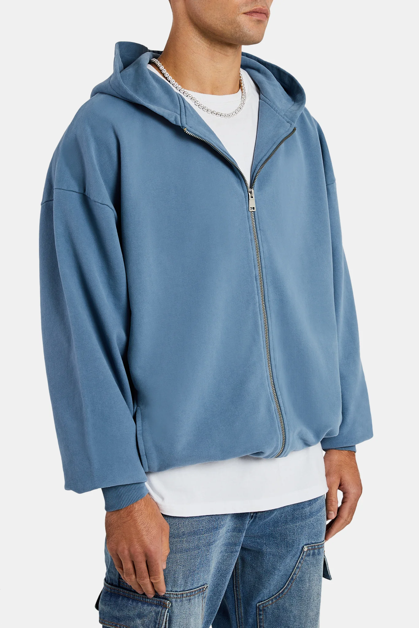 Oversized Zip Through Hoodie - Steel Blue - Image 2
