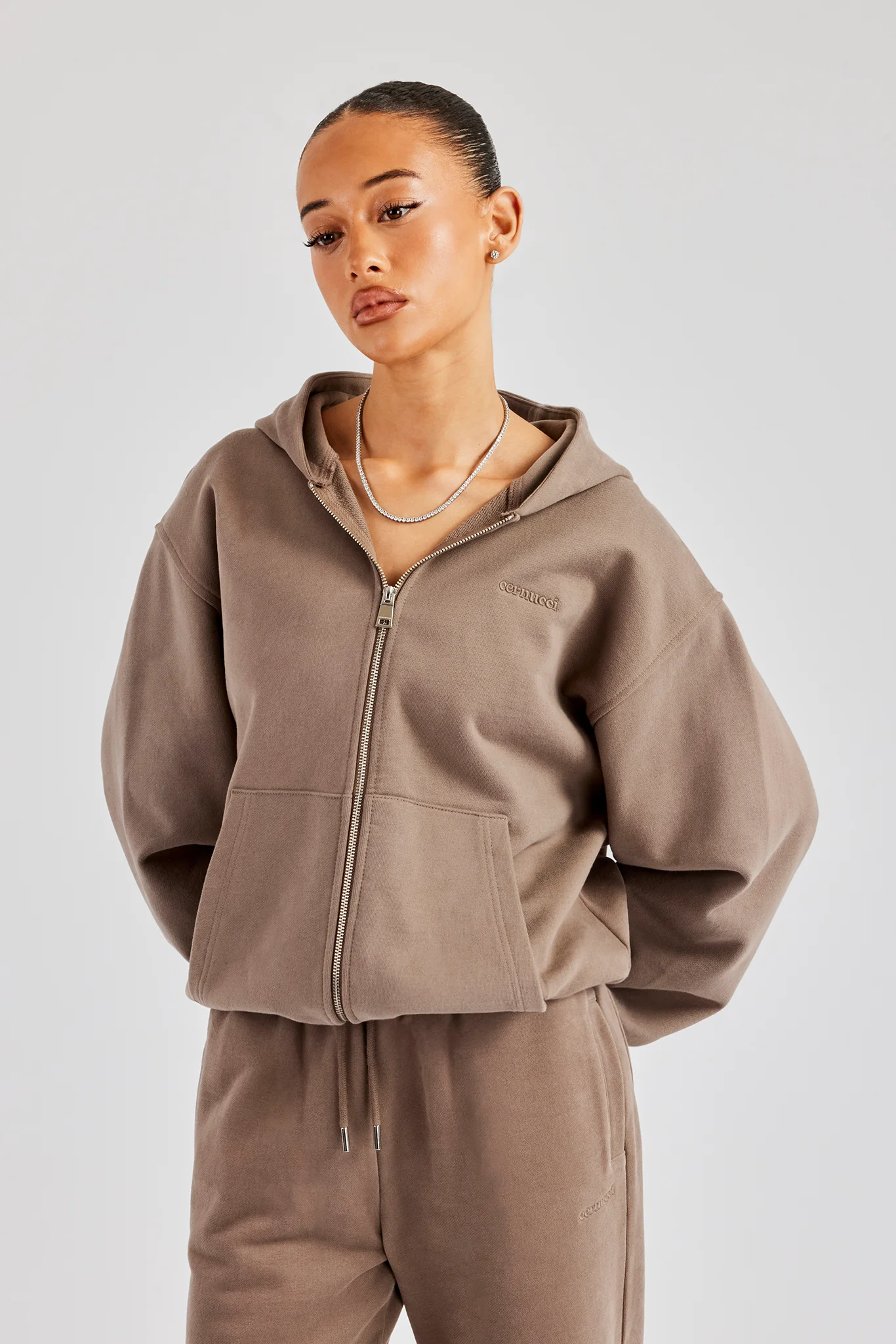 Oversized Zip Through Hoodie - Taupe - Image 2