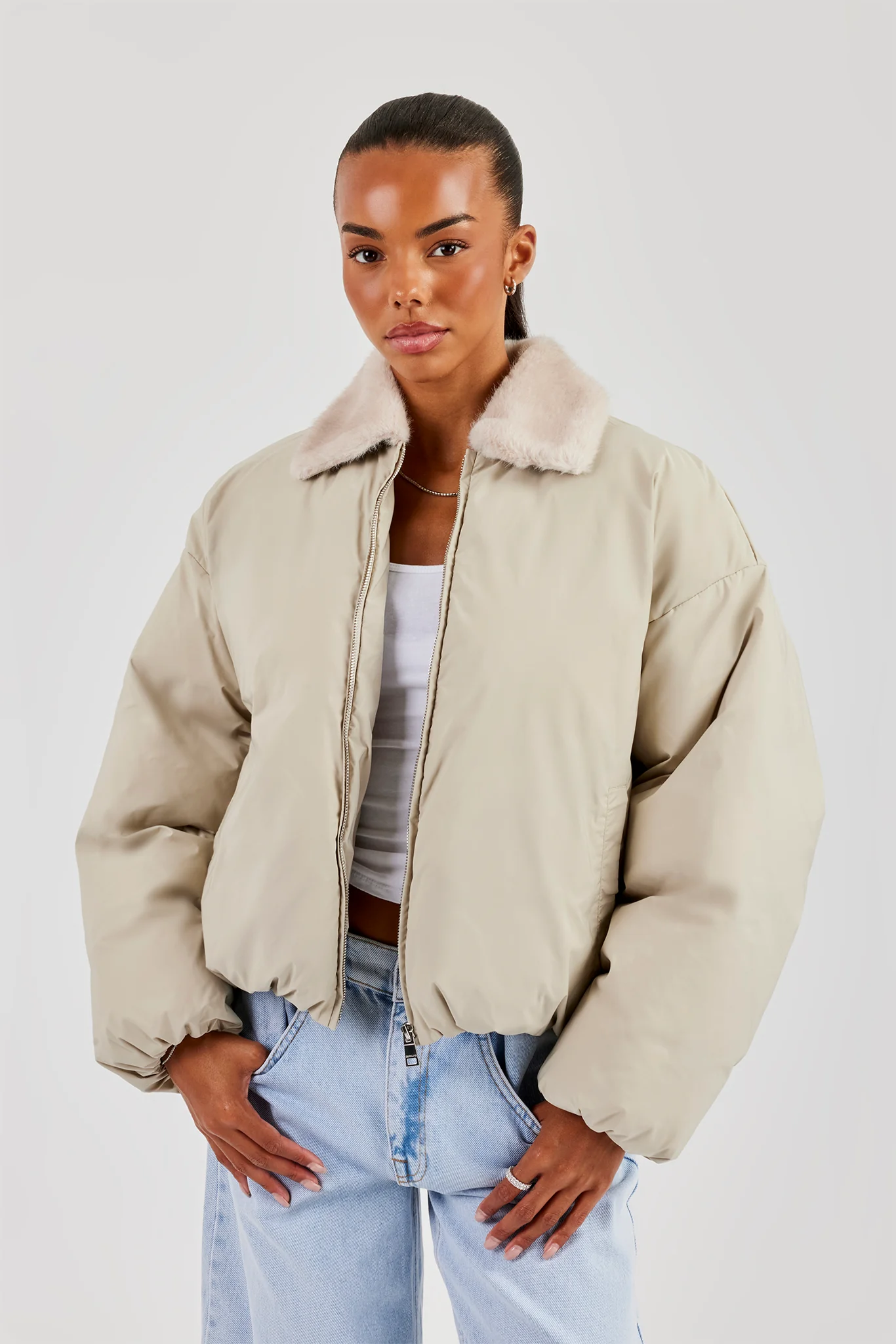 Padded Bomber With Fur Collar - Sage