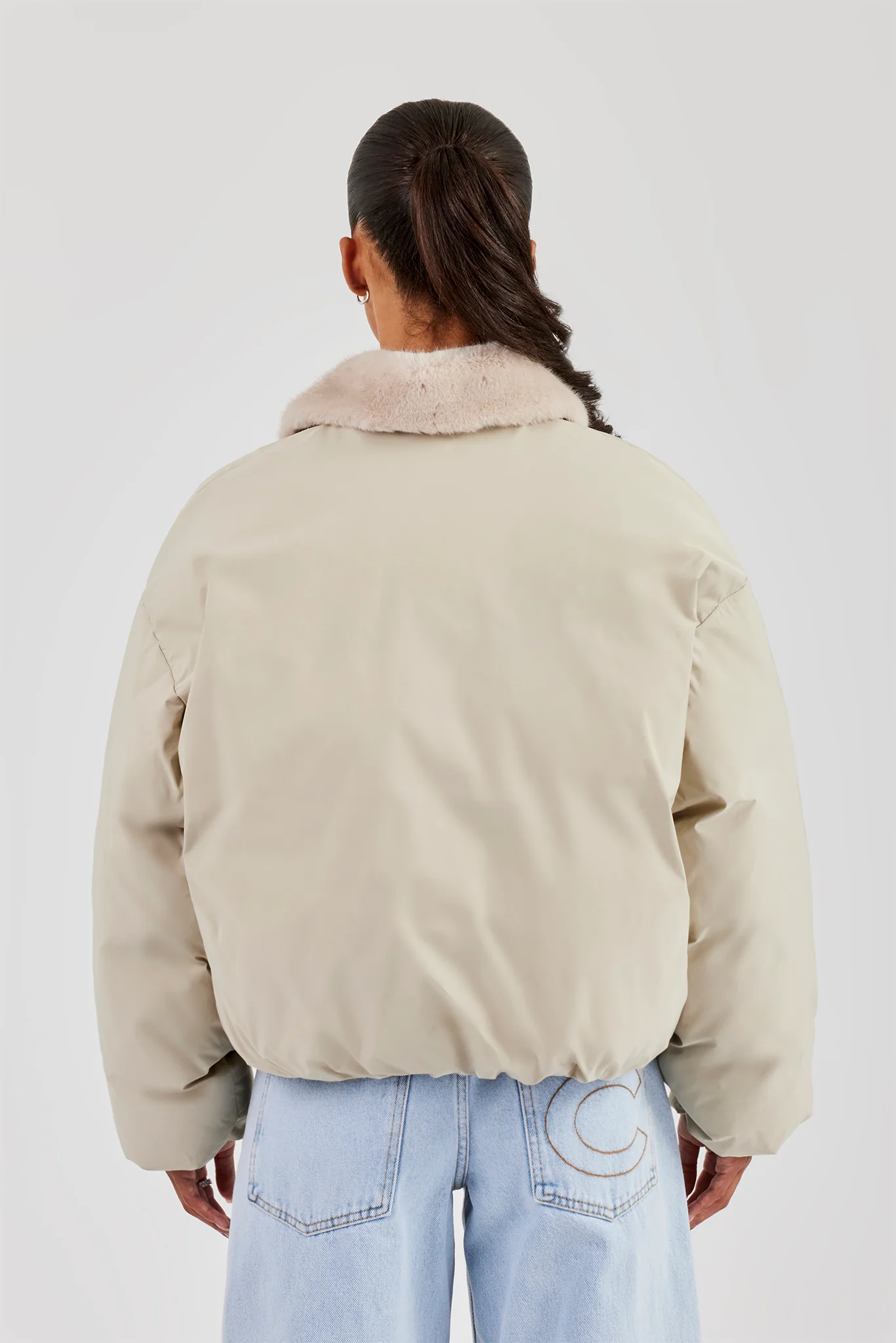 Padded Bomber With Fur Collar - Sage - Image 3