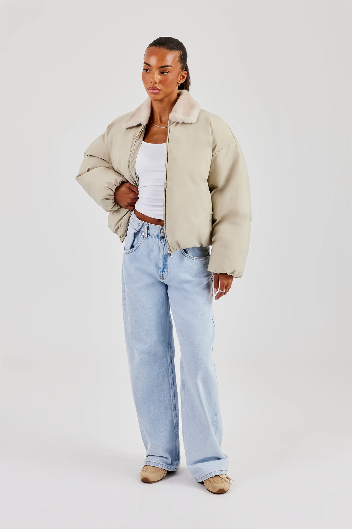 Padded Bomber With Fur Collar - Sage - Image 4