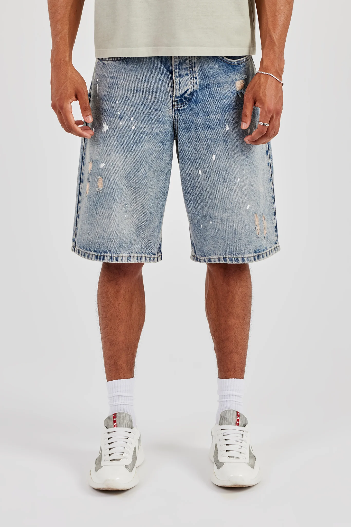 Paint Splatter Denim Bermuda Jorts - Antique Wash - Image 9