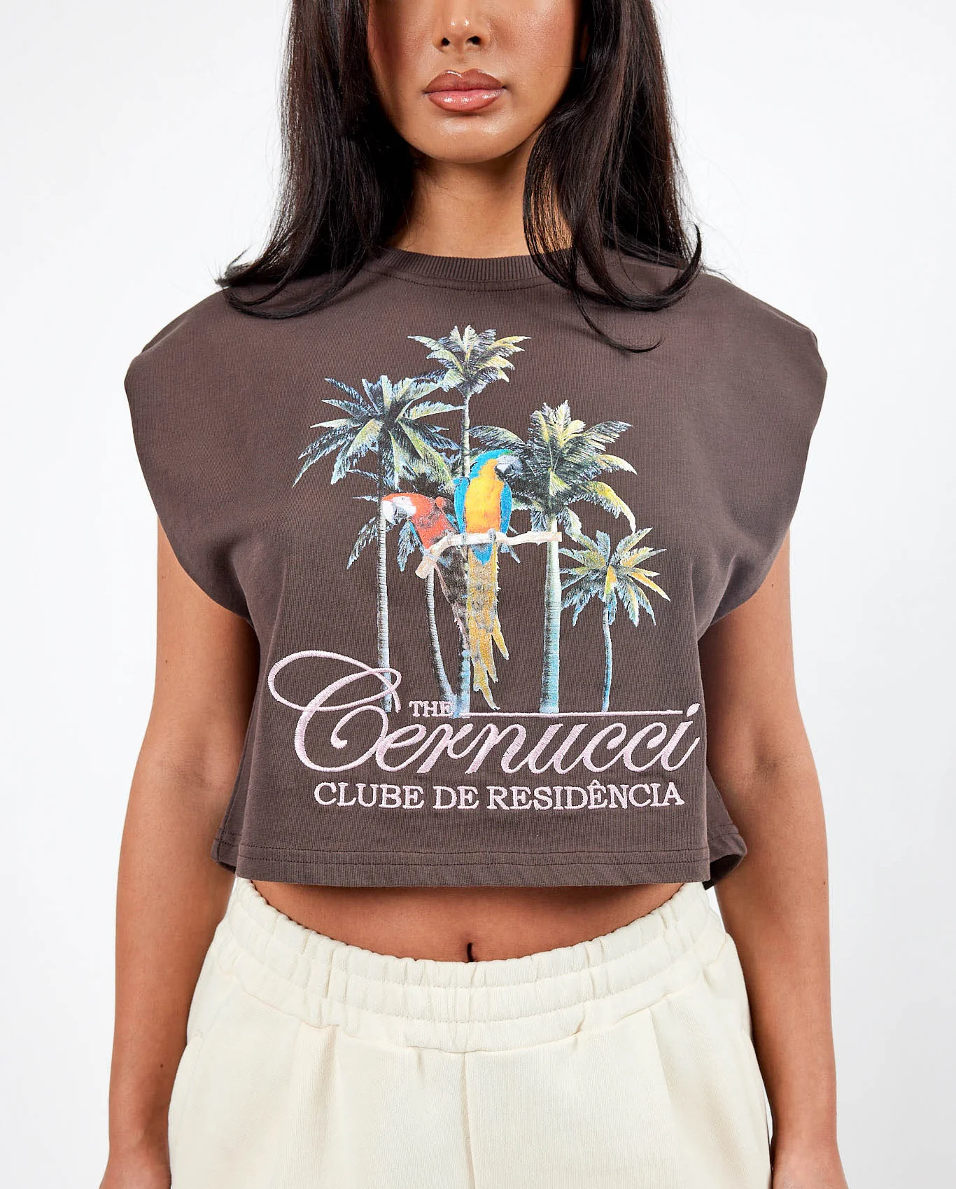 Palm Print Cropped Tank - Chocolate - Image 3