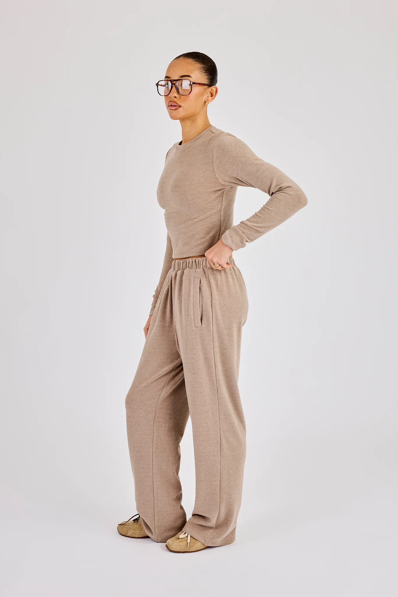 Peached Soft Touch Long Sleeve Top & Trouser - Taupe - Image 3