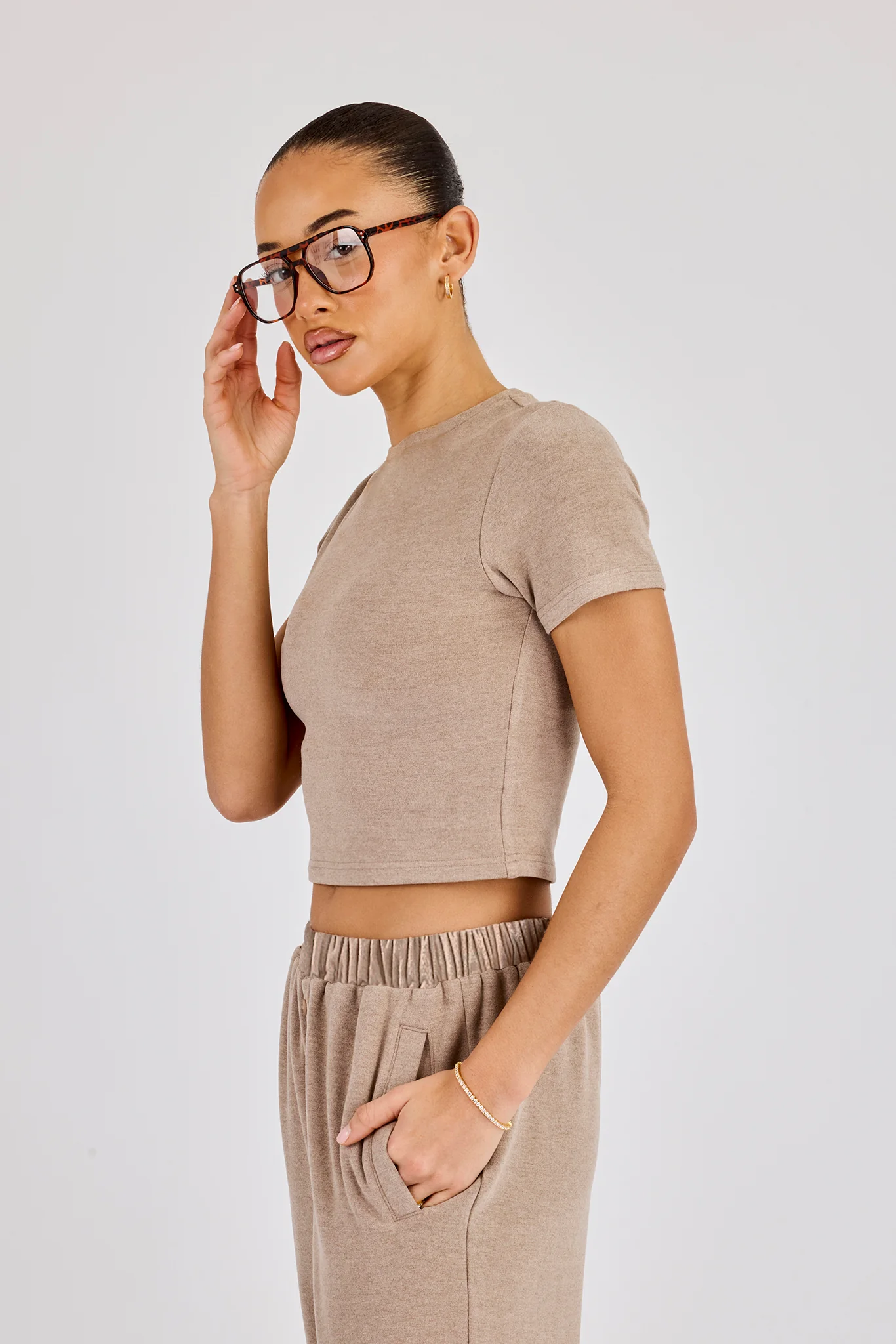 Peached Soft Touch Short Sleeve Top - Taupe - Image 3