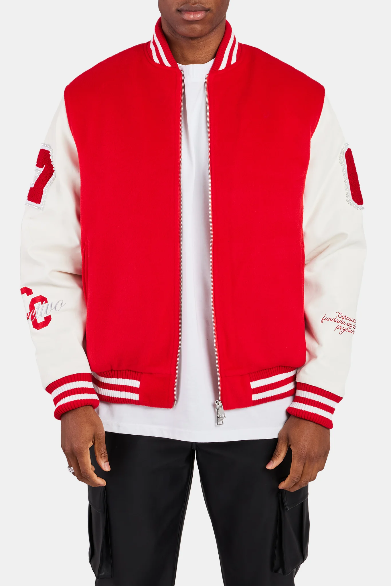 Pearl Embellished Bomber Jacket - Red - Image 3