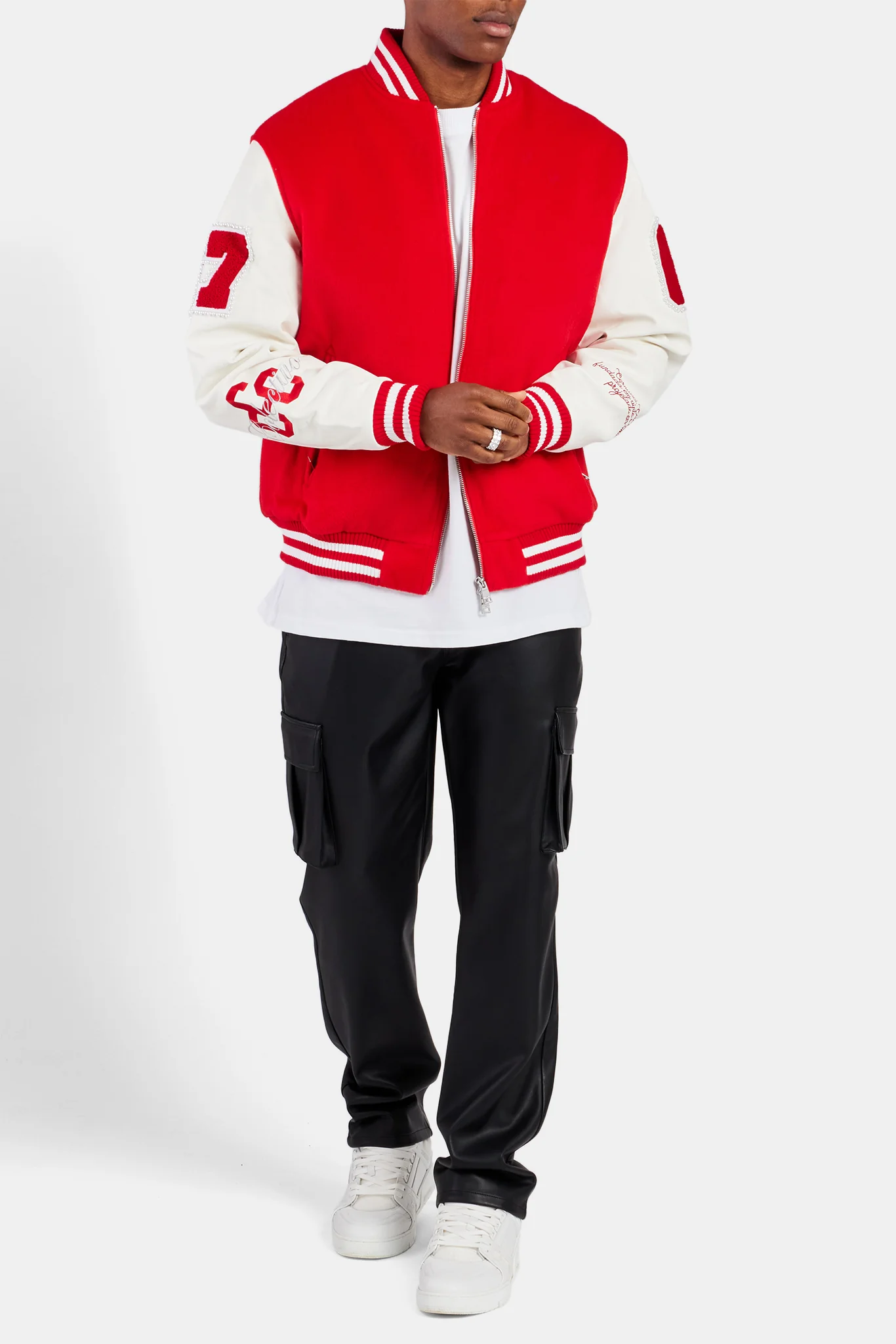 Pearl Embellished Bomber Jacket - Red - Image 4