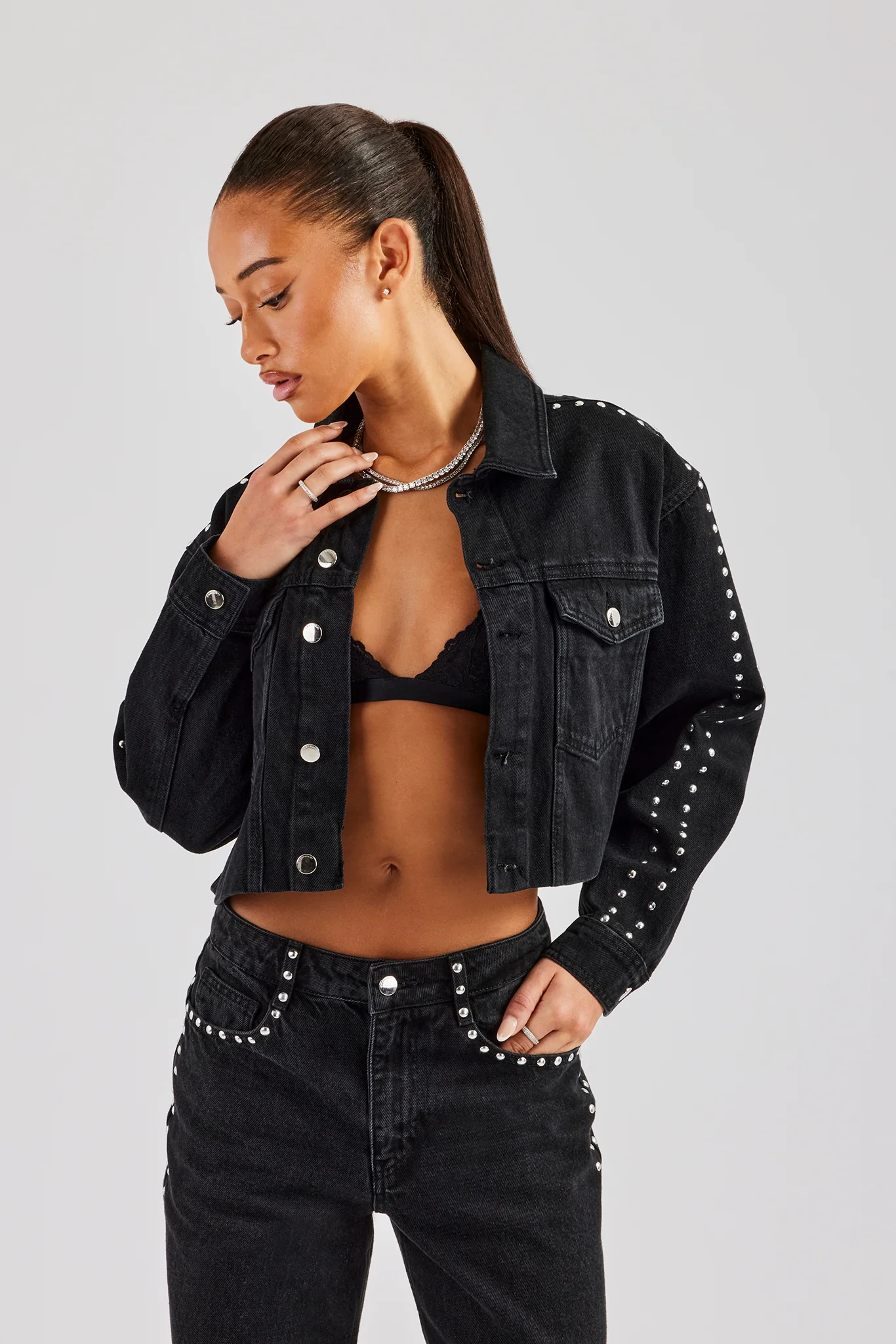 Stud Cropped Denim Jacket & Flare Jean - Washed Black - Image 2